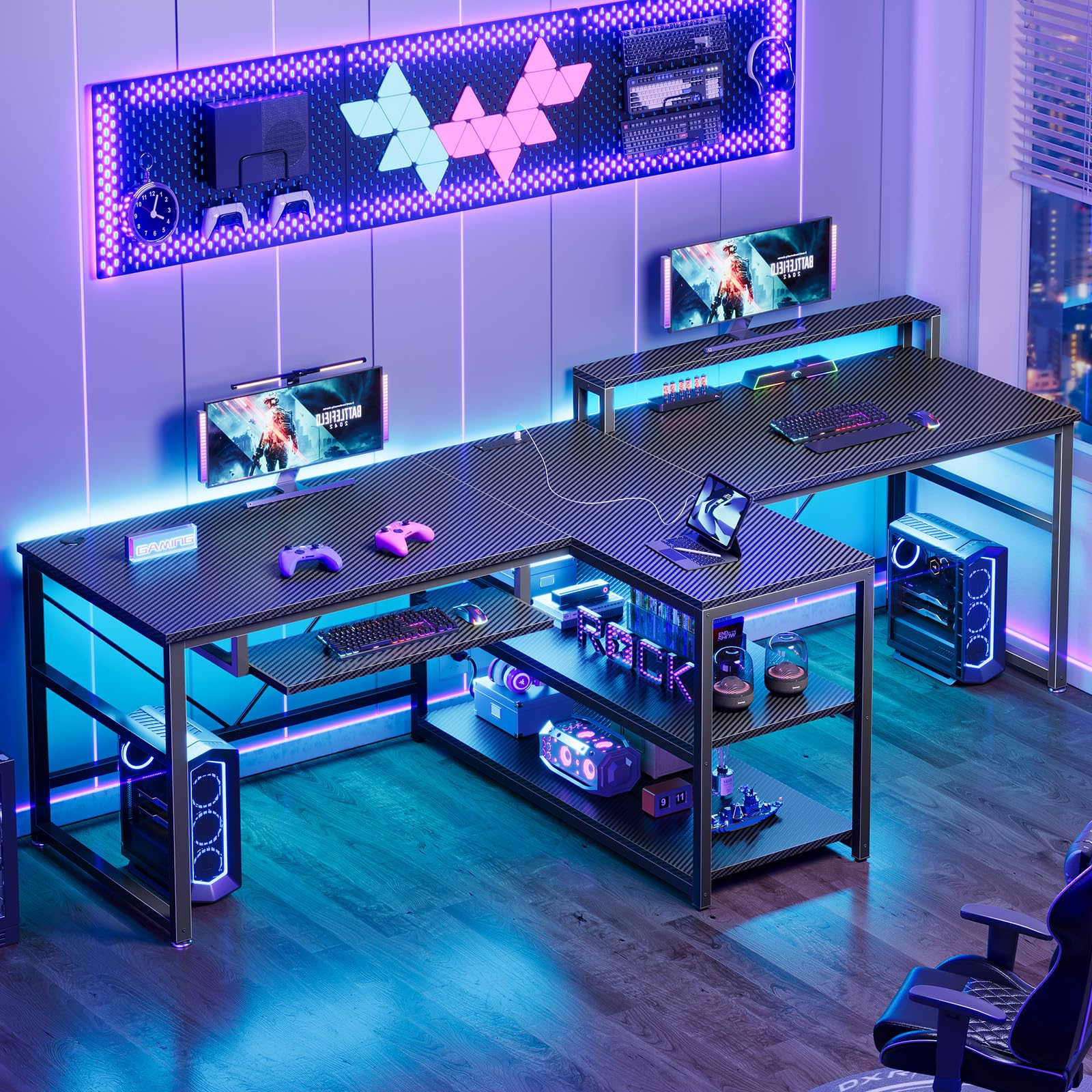 SEDETA 94.5" Office Computer Desk, 2 Person Gaming Desk with Storage, LED Lights, Keyboard Tray, Power Strip with USB & Monitor Stand, Long Two Person Desk for Home Office, Black
