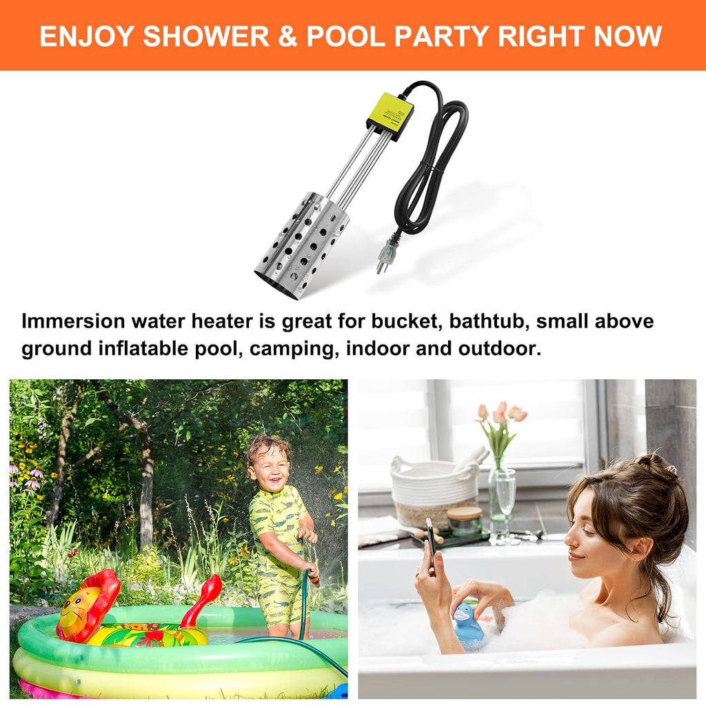 1500W Bucket Heater, Rust Proof Built in Temperature Controller Immersion Water Heater, Heats 5 Gallons of Water in Minutes with Auto Shutoff, for Home Outdoor Camping and Winter Job