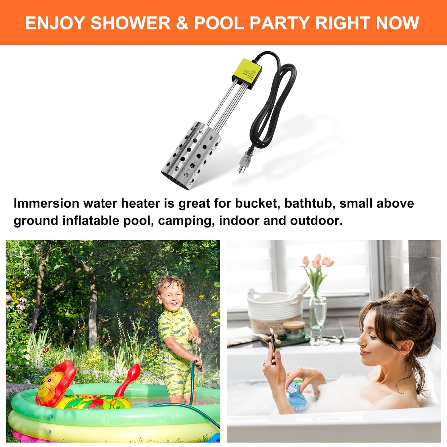 1500W Bucket Heater, Rust Proof Built in Temperature Controller Immersion Water Heater, Heats 5 Gallons of Water in Minutes with Auto Shutoff, for Home Outdoor Camping and Winter Job
