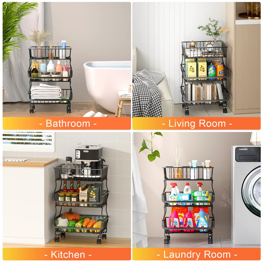 Gsiekare Fruit Vegetable Basket for Kitchen, 4 Tier Stackable Fruit Vegetable Storage Baskets with Wheels, Metal Wire Storage Basket Organizer Baskets for Kitchen, Pantry, Bathroom