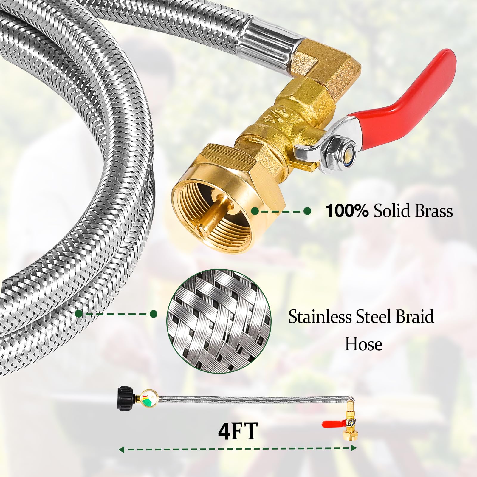 Propane Tank Adapter for 1 lb. Tanks,Upgrade 3 FT/36inch Propane Tank Refill Adapter Stainless Steel Hose with Gauge and ON-Off Control Valve, Fits QCC1 / Type 1 Propane Tank, 2 Caps Included