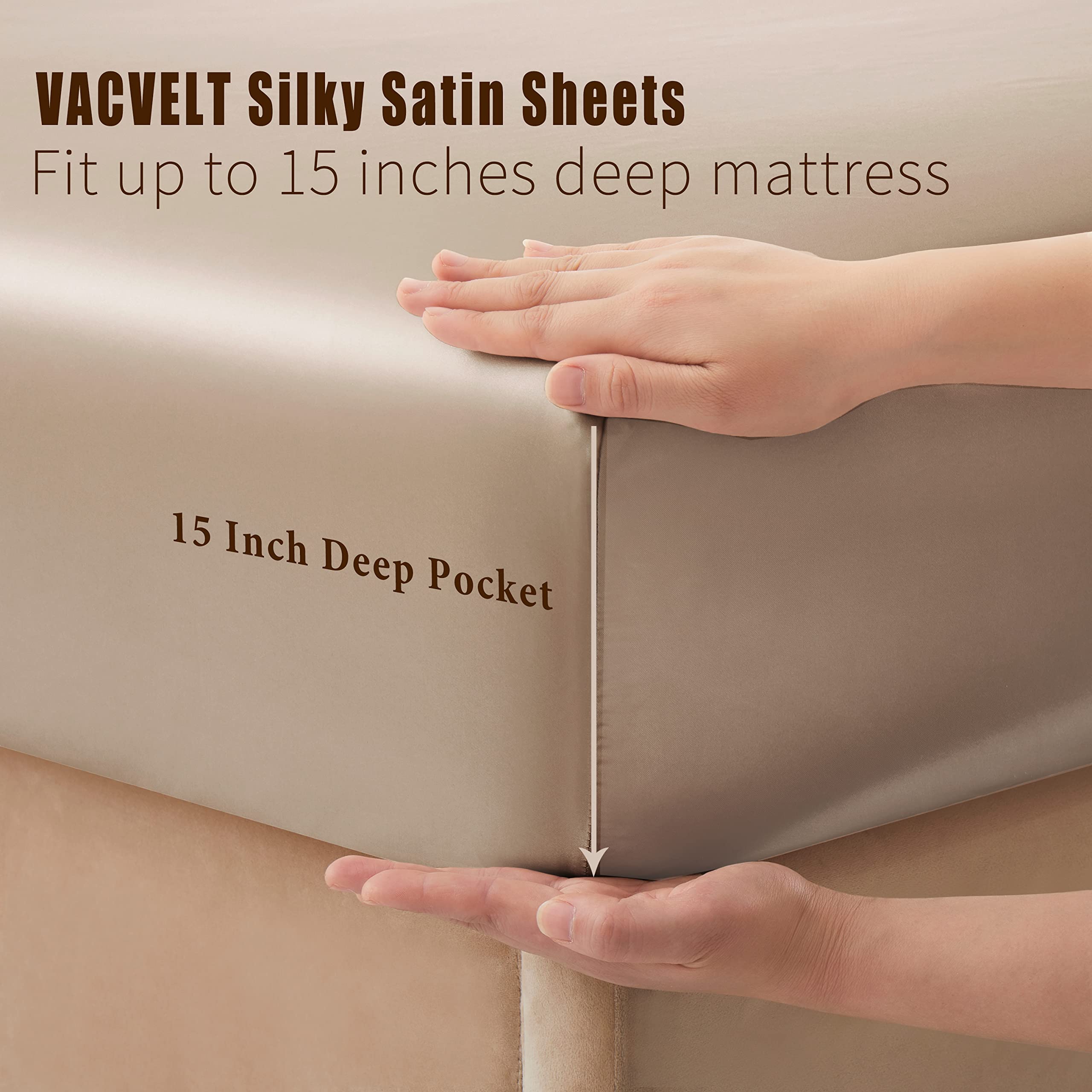 VACVELT 3pcs Beige Satin Sheets Twin Size Bed Set, 15 Inch Deep Pocket Silky Satin Sheet Set, Soft Satin Bedding Set Cooling & Luxury Bed Sheets, 1 Fitted Sheet + 1 Flat Sheet + 1 Pillowcase