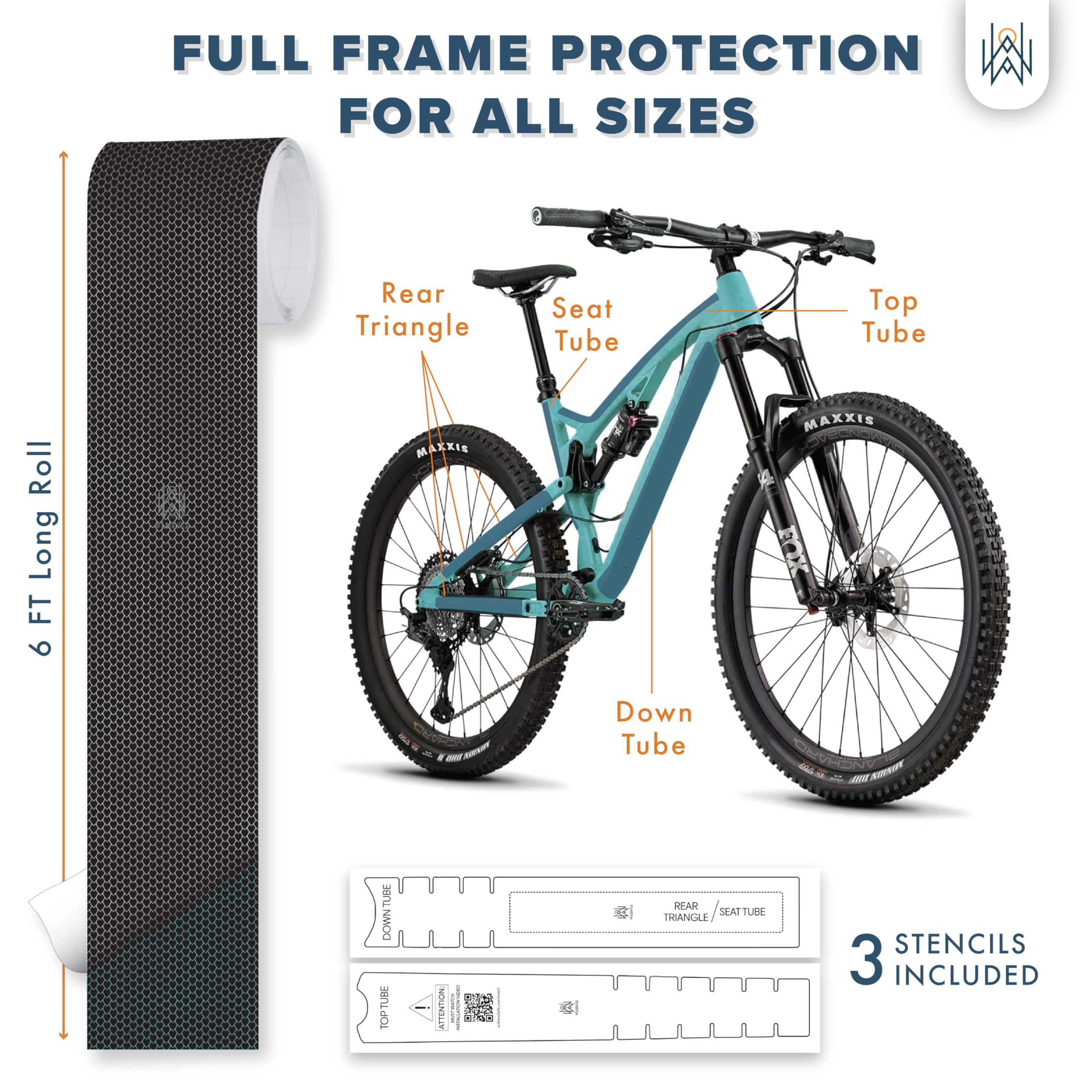 Bike Frame Protection Tape- High Impact Clear Vinyl Wrap Includes Tool (4”x72) Bicycle Frame Protector, Mountain Bike Frame Guard Chainstay Protector (Art Deco)