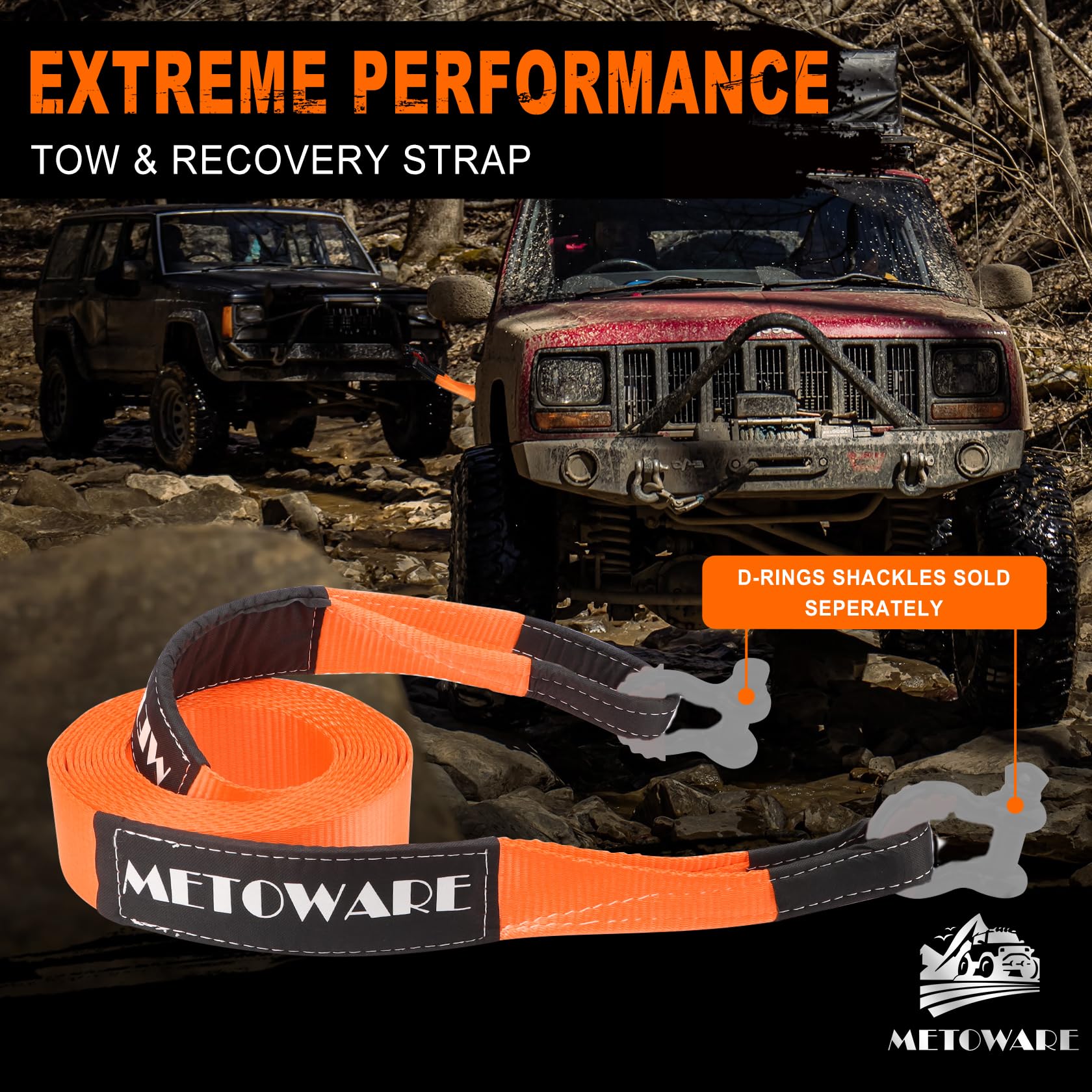 METOWARE Recovery Tow Strap Kit 3" x 20ft, Heavy Duty Recovery Strap 35,000lbs Break Strength with 3/4" D Ring Shackles(2pcs) & Storage Bag, Emergency Off Road Towing Rope for SUV, UTV, ATV, Truck