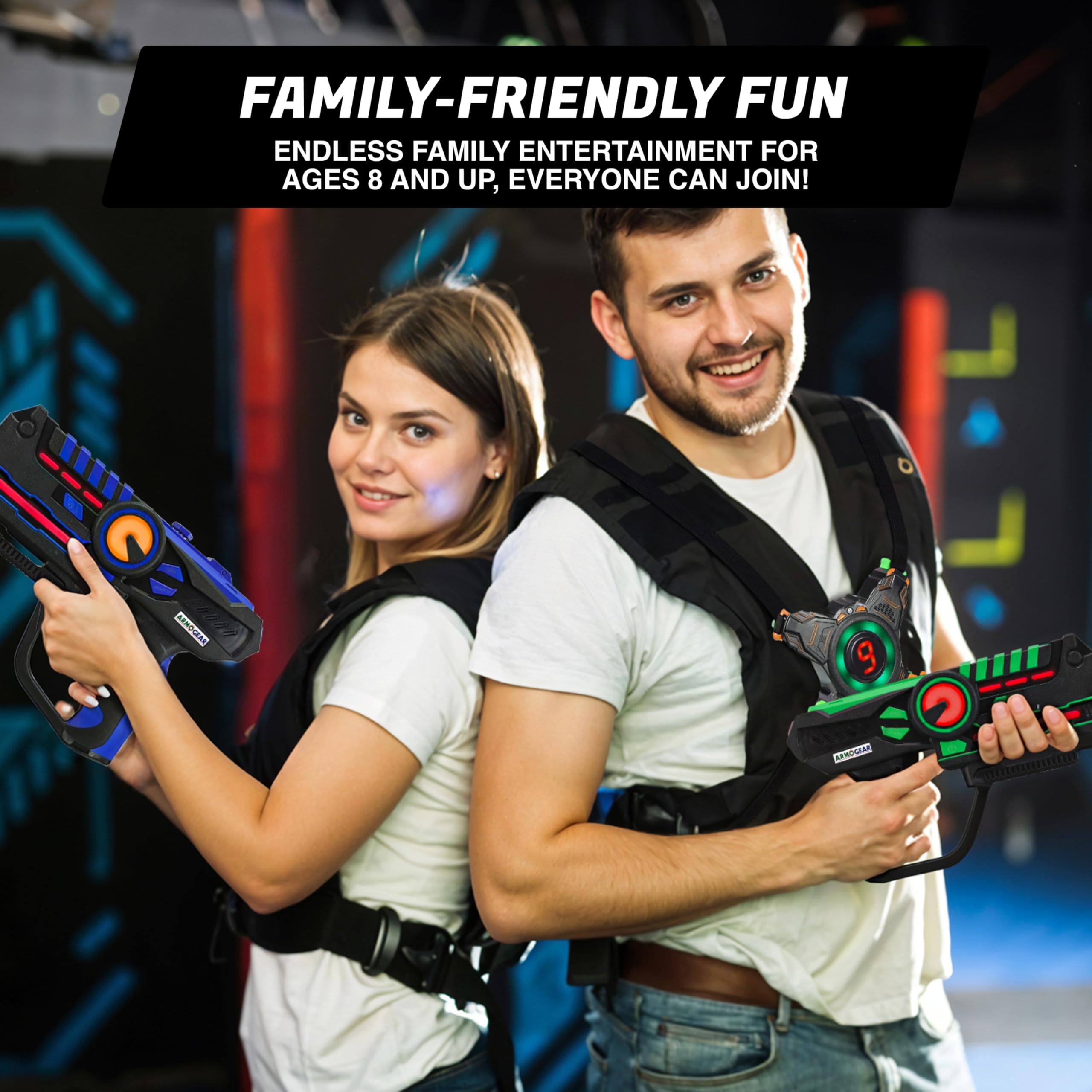 ArmoGear Set of 4 Laser Tag Guns with Vests - Laser Tag Set for Kids and Adults - Toy Guns with 150 ft Range, Night Vision, Invisibility Mode - Battery Operated - Multiplayer Outdoor Game for Ages 8+