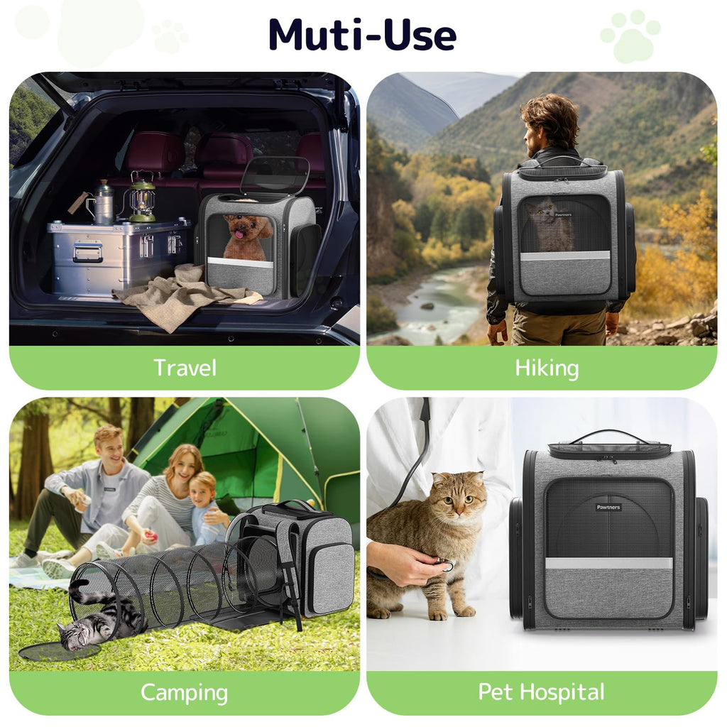 Cat Carrier Backpack with Detachable Play Tunnel, 2 in 1 Cat Tunnel Backpack Suitable for Carrying & Playing, Expandable Pet Carrier for Small Medium Kitten Puppy, Suitable for Travel Hiking Camping