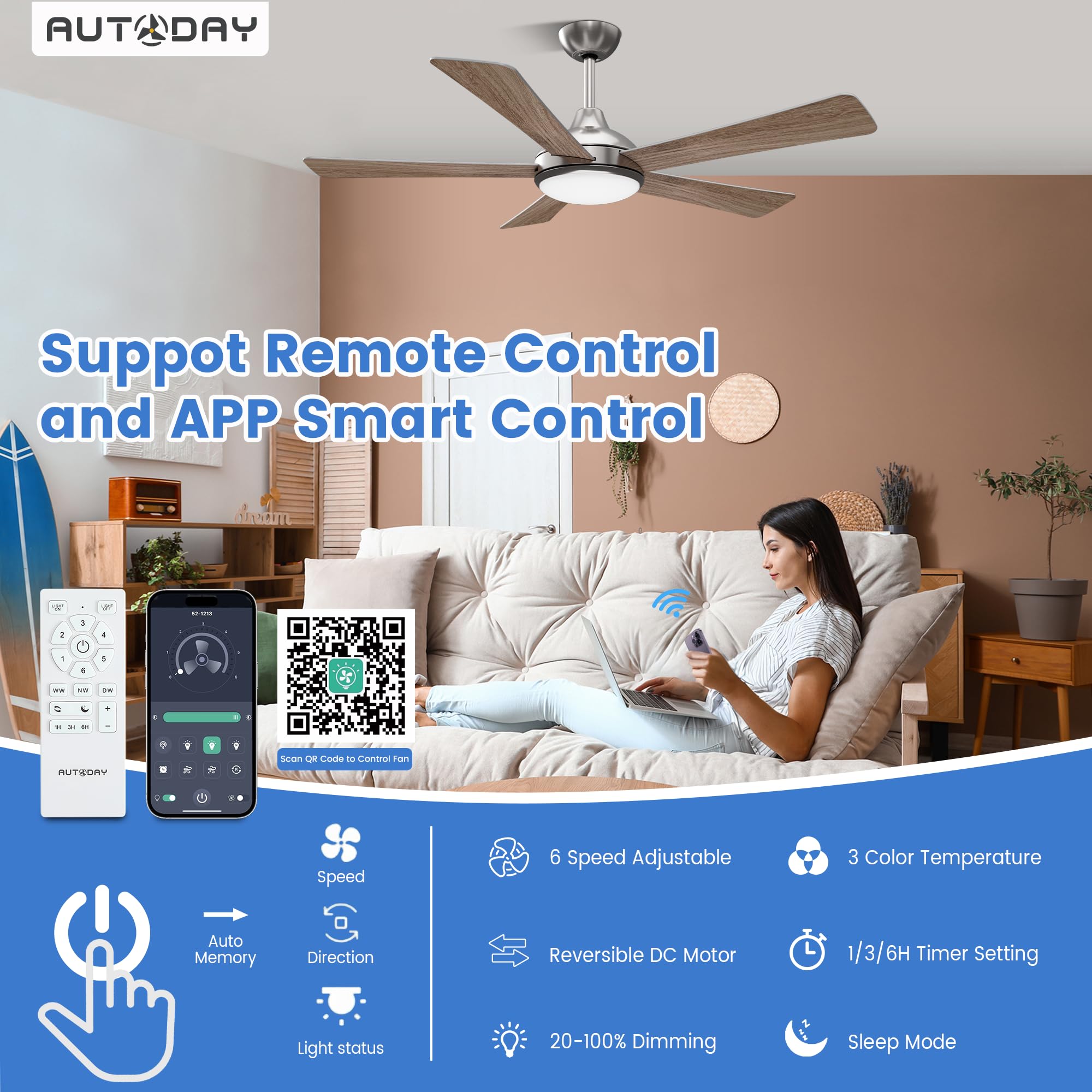 42 Inch Low Profile Ceiling Fan with Light, White Ceiling Fans with Lights and Remote, Flush Mount, 6 Speeds Reversible Quiet DC, 3CCT Dimmable, Indoor Outdoor Ceiling Fans for Patios Bedroom