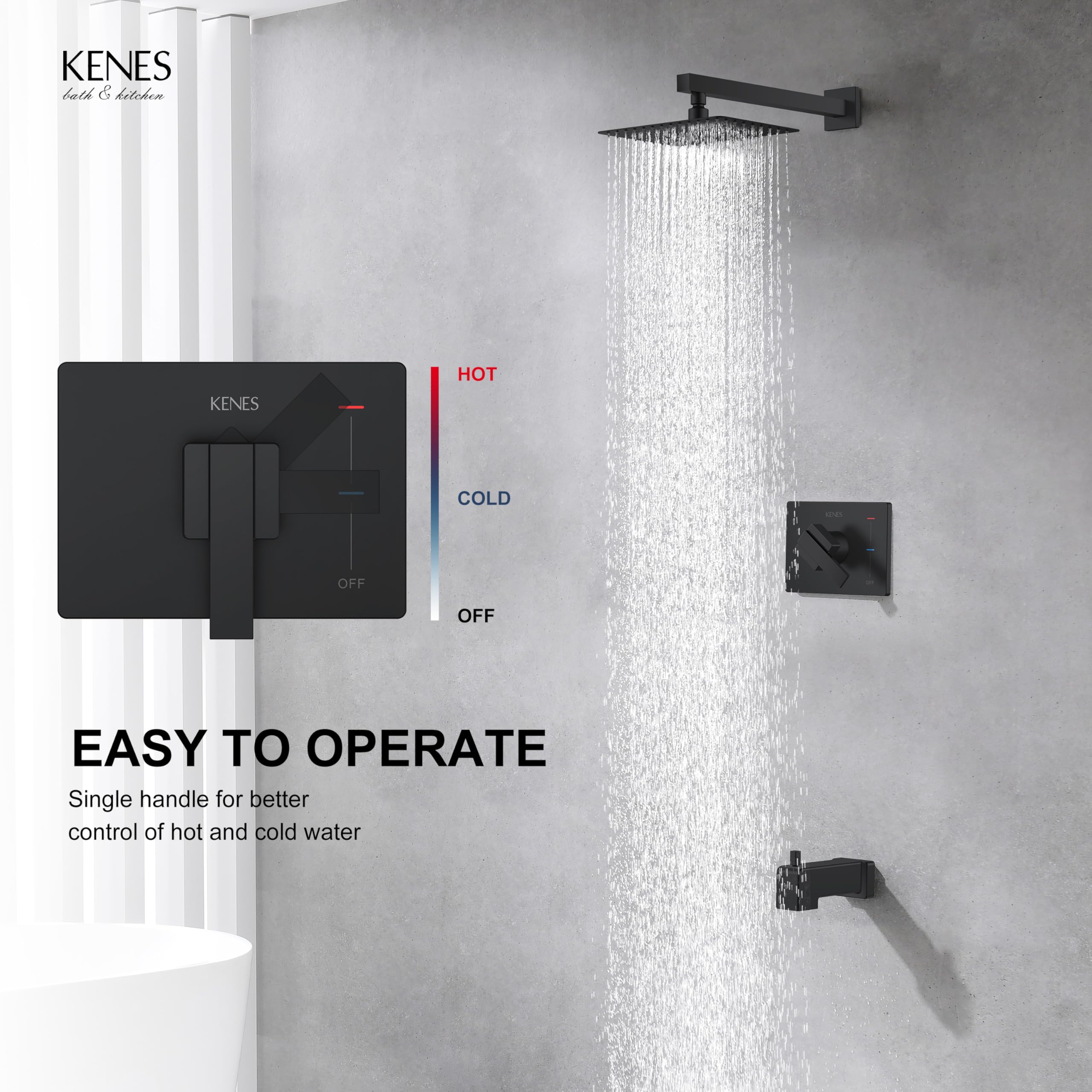 KENES Brushed Nickel 10-Inch Shower Head and Handle Set, Square Shower Faucet Set Bathroom Rainfall Shower System Wall Mount, KE-6024B (Shower Valve Included)