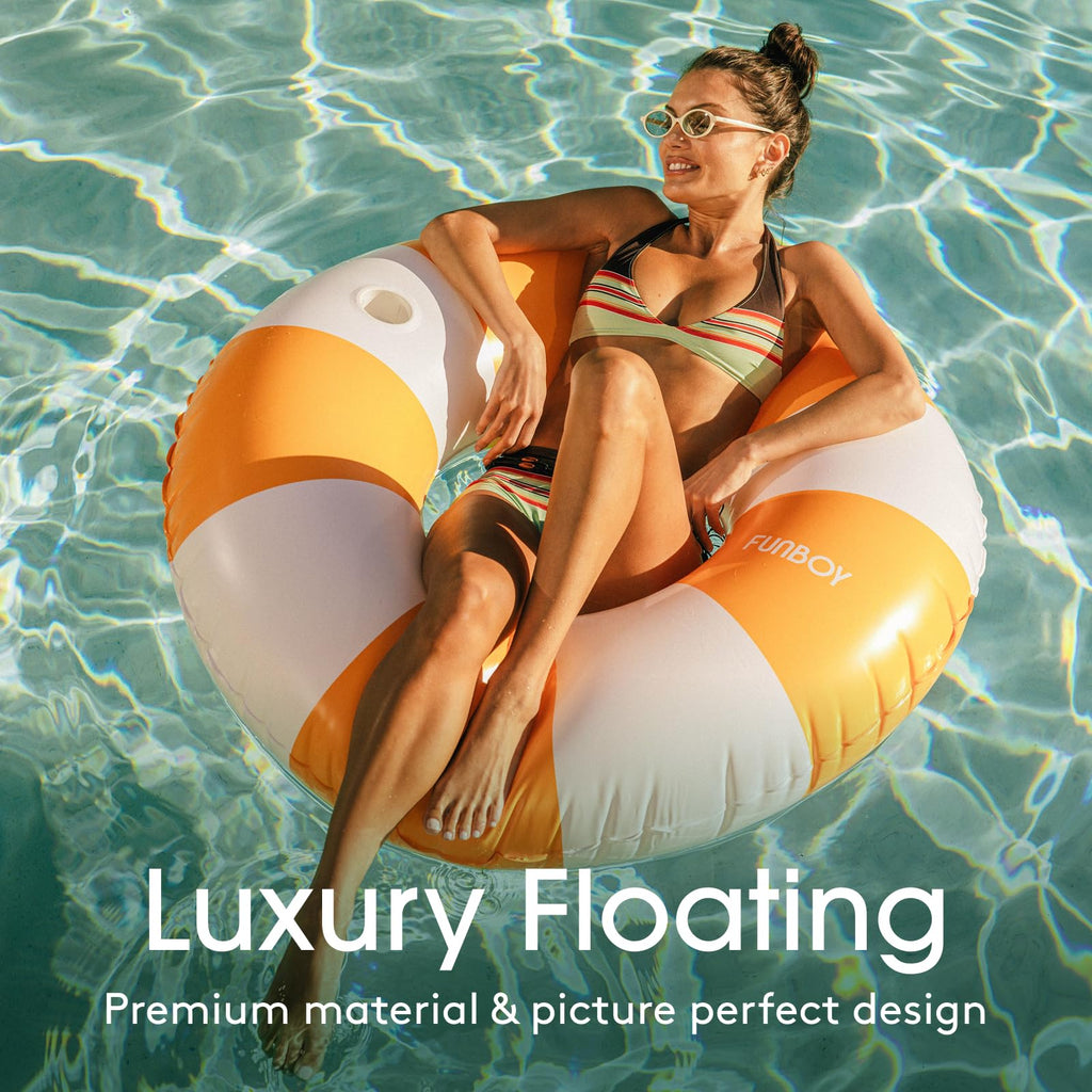 FUNBOY Giant Vintage Stripe Inflatable Tube Pool Float with Cup Holder 48" Large Pool Float for Adults Inner Tube Swimming Pool Toys Swim Rings Pool Lounger Float for Pool Party & Summer