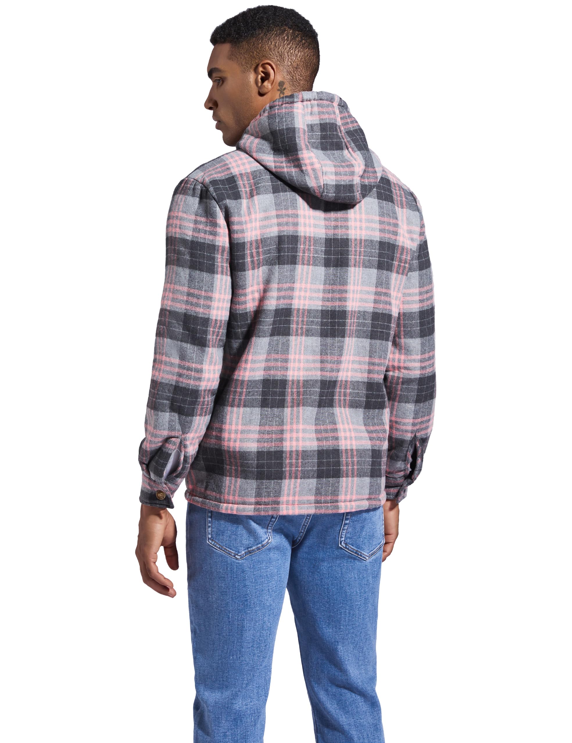 Men's Flannel Plaid Hooded Jackets Full Zip Sherpa Fleece Lined Hoodies Fashion Warm Coat