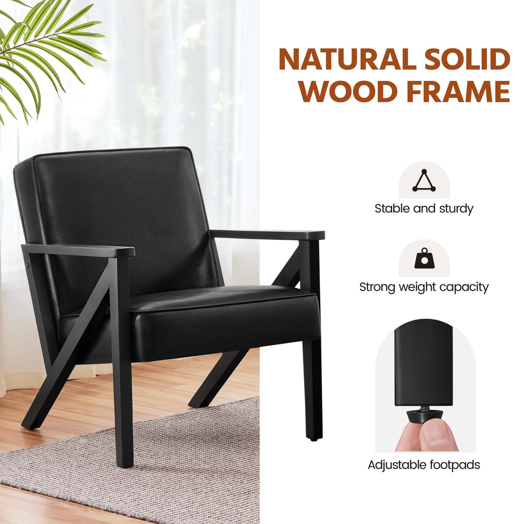 Yaheetech Accent Chair, PU Leather Reading Chair, Mid Century Modern Arm Chair with Solid Wood Frame for Living Room Bedroom Waiting Room, 2 Pieces, Black