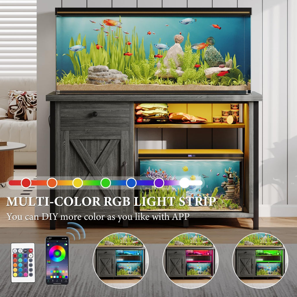 4ever2buy 55-75 Gallon Fish Tank Stand with Power Outlets, LED Light, Heavy Duty Aquarium Stand with Cabinet for Fish Tank Accessories Storage, for Turtle Tank, Reptile Terrarium, 1100LBS, Black