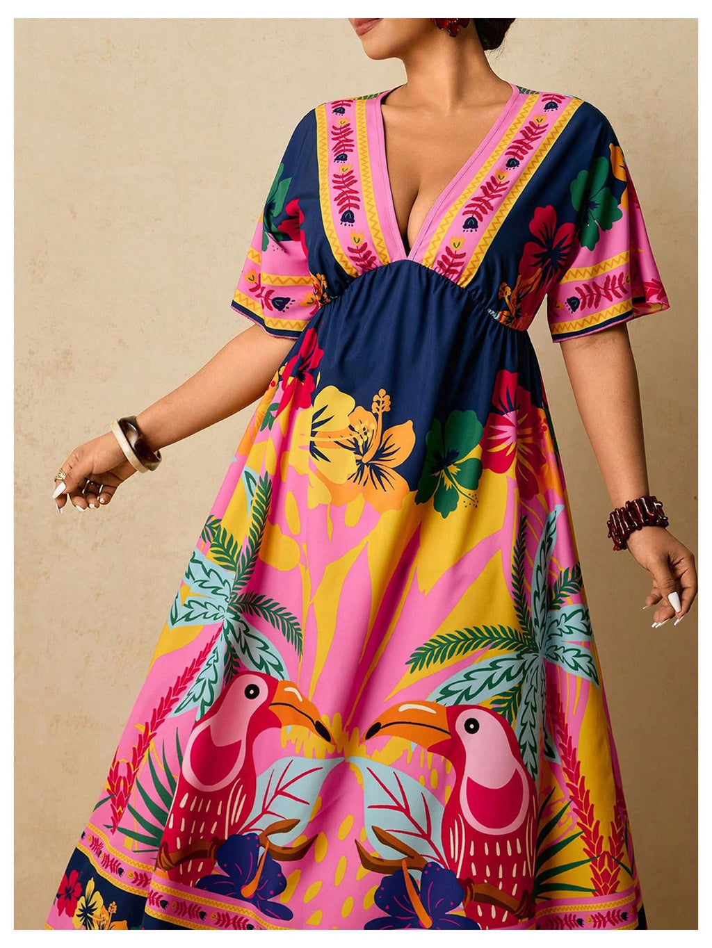 Floerns Women's Plus Size Boho Hawaiian Tropical Dresses V Neck Short Sleeve Floral A Line Long Dress Vacation Beach Outfits