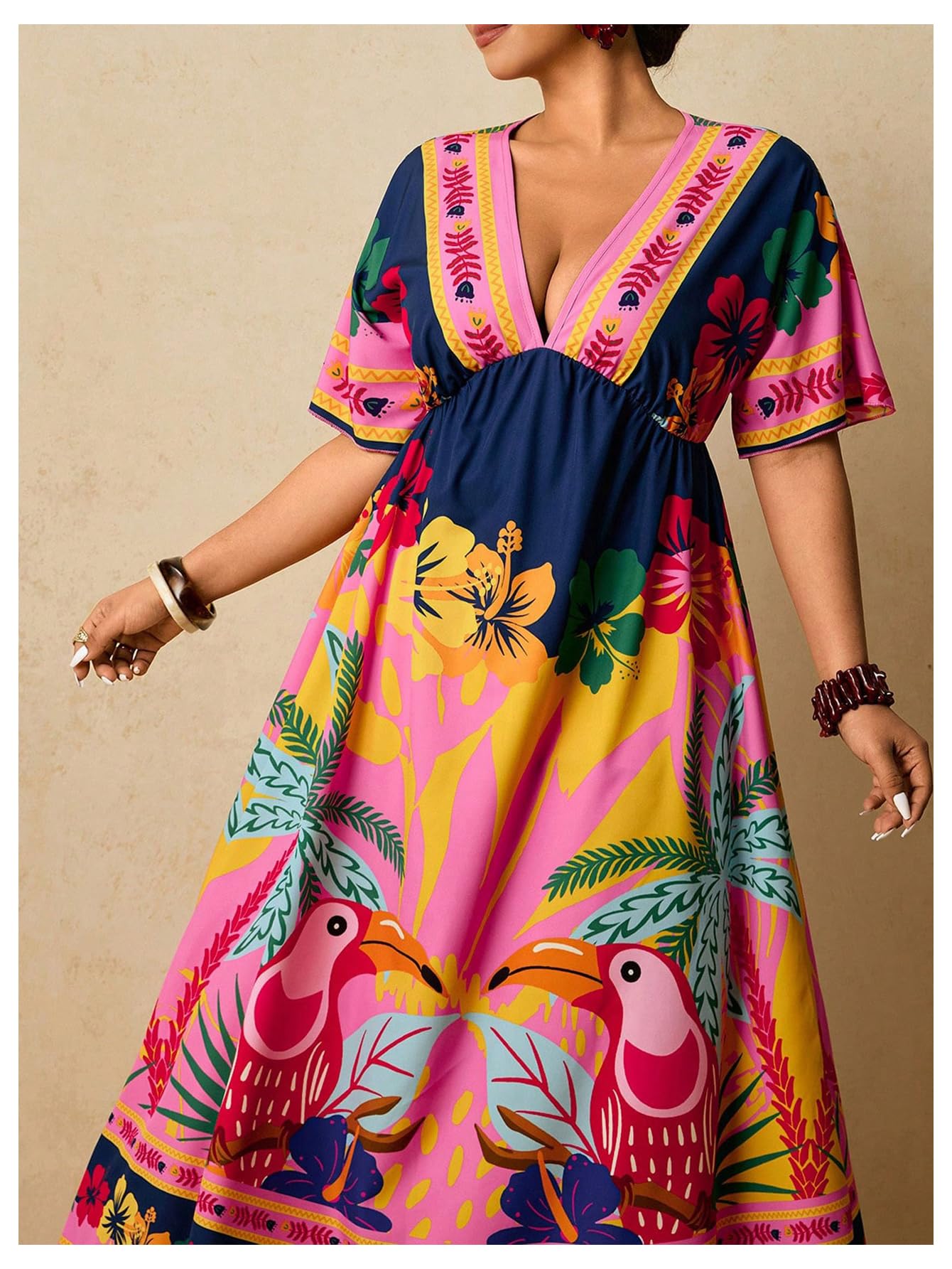 Floerns Women's Plus Size Boho Hawaiian Tropical Dresses V Neck Short Sleeve Floral A Line Long Dress Vacation Beach Outfits