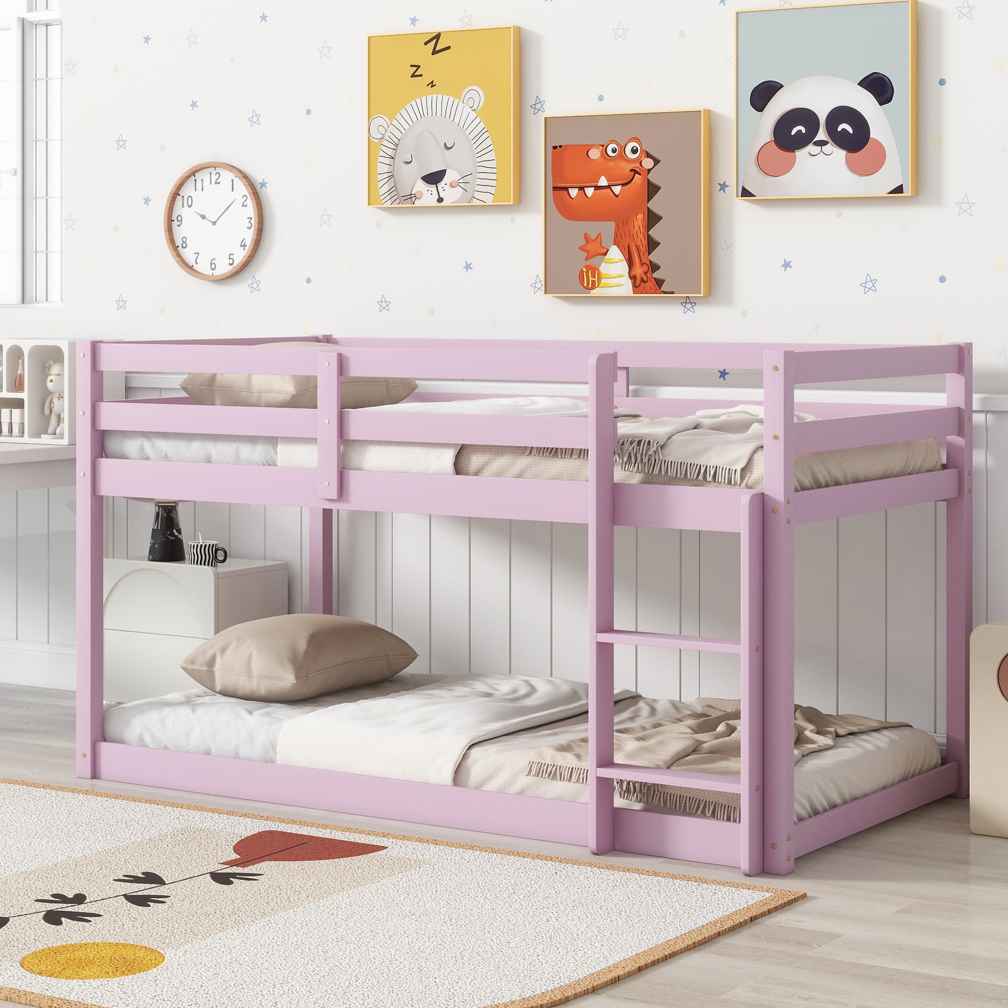 Bunk Bed Twin Over Twin, Wood Low Profile Floor Twin Bunk Beds with Headboard Ladder Guardrails for Kids Boys and Girls, No Box Spring Needed