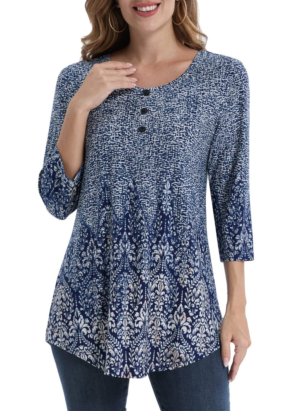 BAISHENGGT Womens Tops 3/4 Sleeve Round Neck Casual Tunic Tops Fall Fashion 2025 Dressy Casual Blouses