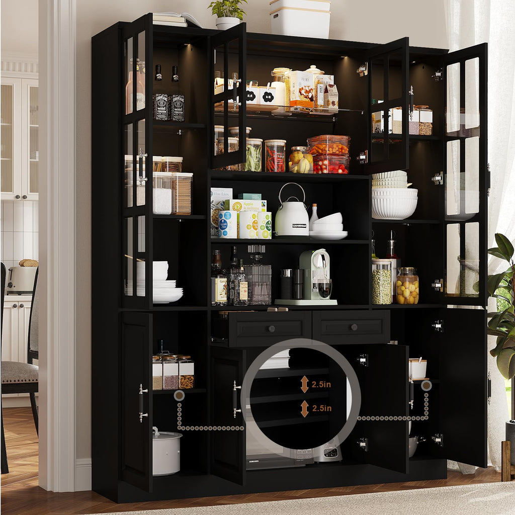 MEISSALIVVE Kitchen Pantry Storage Cabinet with LED Lights, 78.7" Tall with Glass Doors & Drawers, Freestanding Utility Cabinet, Black (31.5" W x 15.7" D)