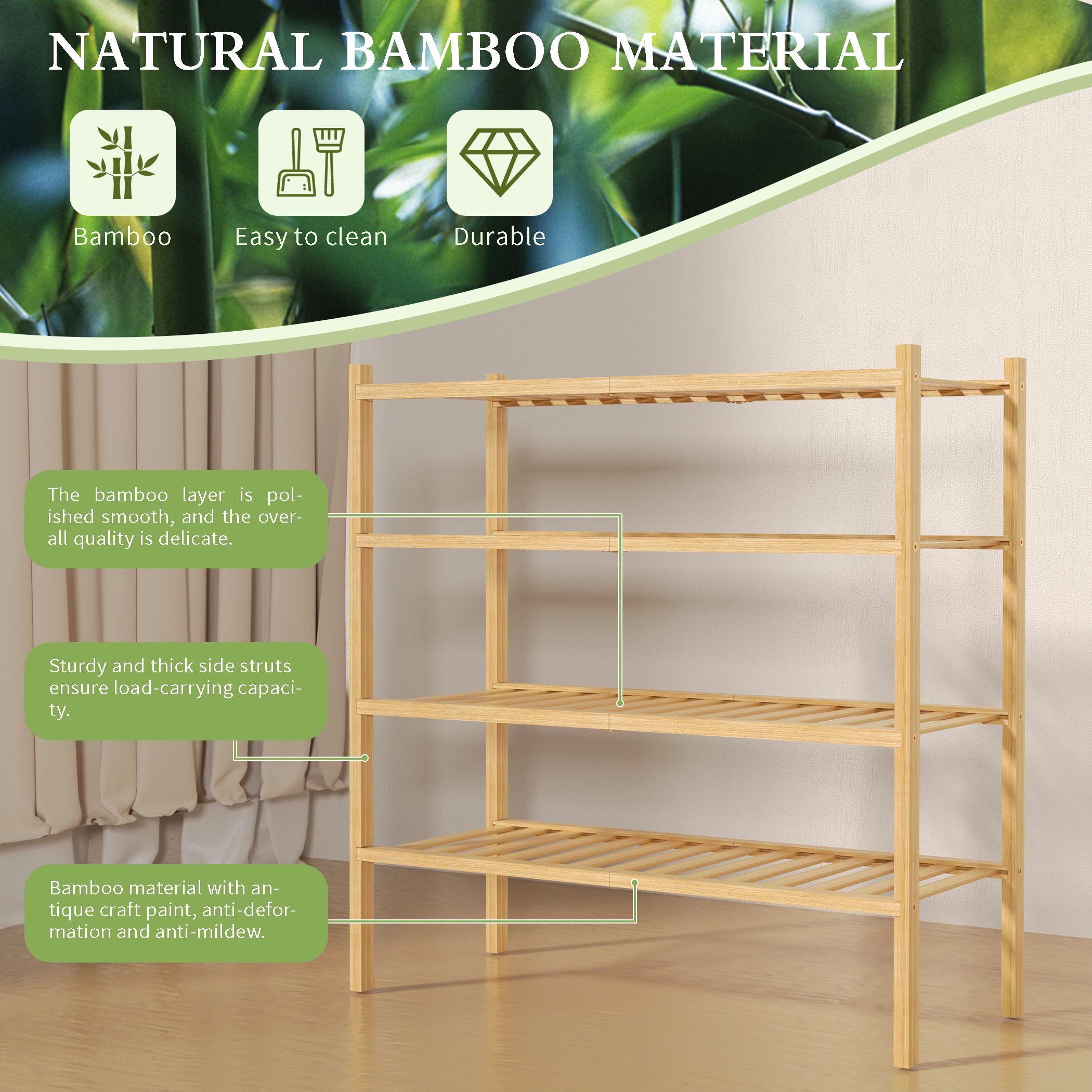 ROMGUAR CRAFT 2-Tier Bamboo Long Shoe Rack, Free Standing Wood Shoe Shelf Storage Organizer for Closet Entryway Stackable 35"x11"x13" (Black)