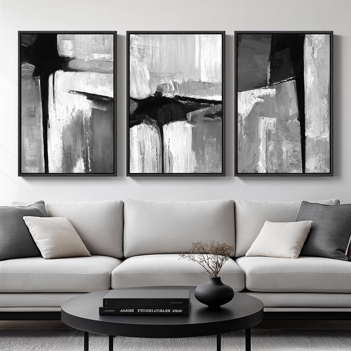Framed Black and White Modern Abstract Wall Art, 3 Piece Canvas Prints Paintings Artwork for Walls, Minimalist Black White Grey Pictures for Living Room Dining Room Bedroom Office Wall Decor 16x24 In