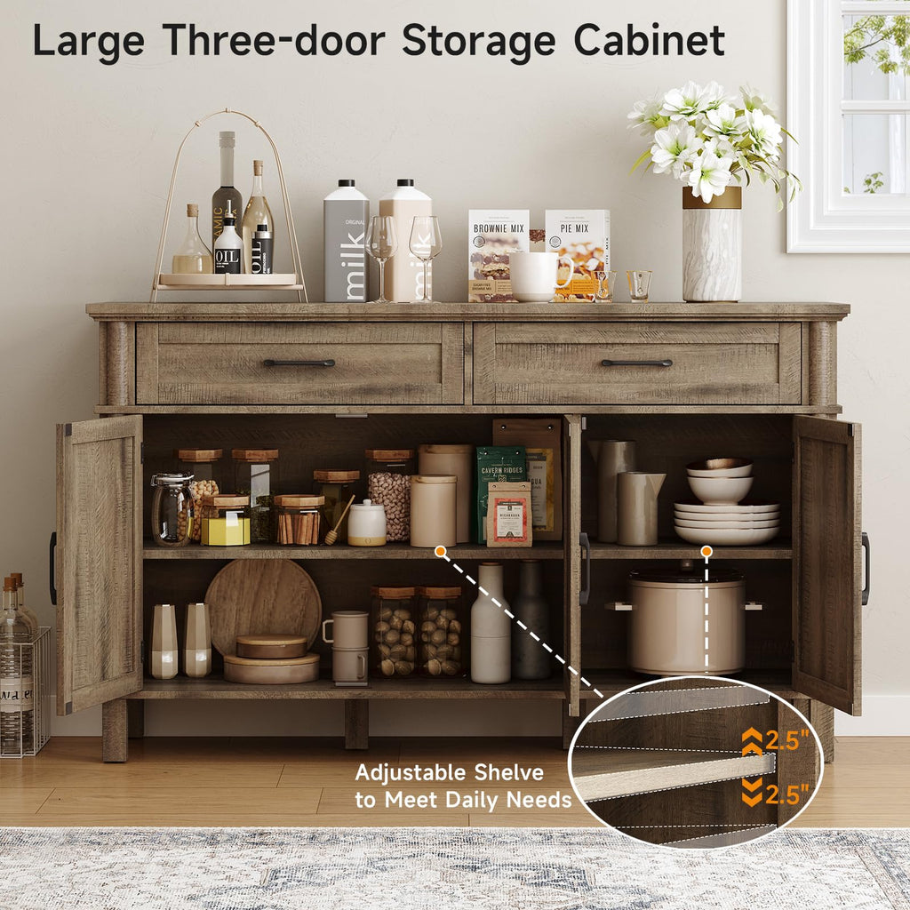 ONBRILL 48 Inches Buffet Cabinet with Storage, Farmhouse Sideboard Buffet w/2 Drawers and 3 Doors, Wood Coffee Bar Cabinet with Adjustable Shelves, Sideboard Storage for Kitchen, Living Room, Black