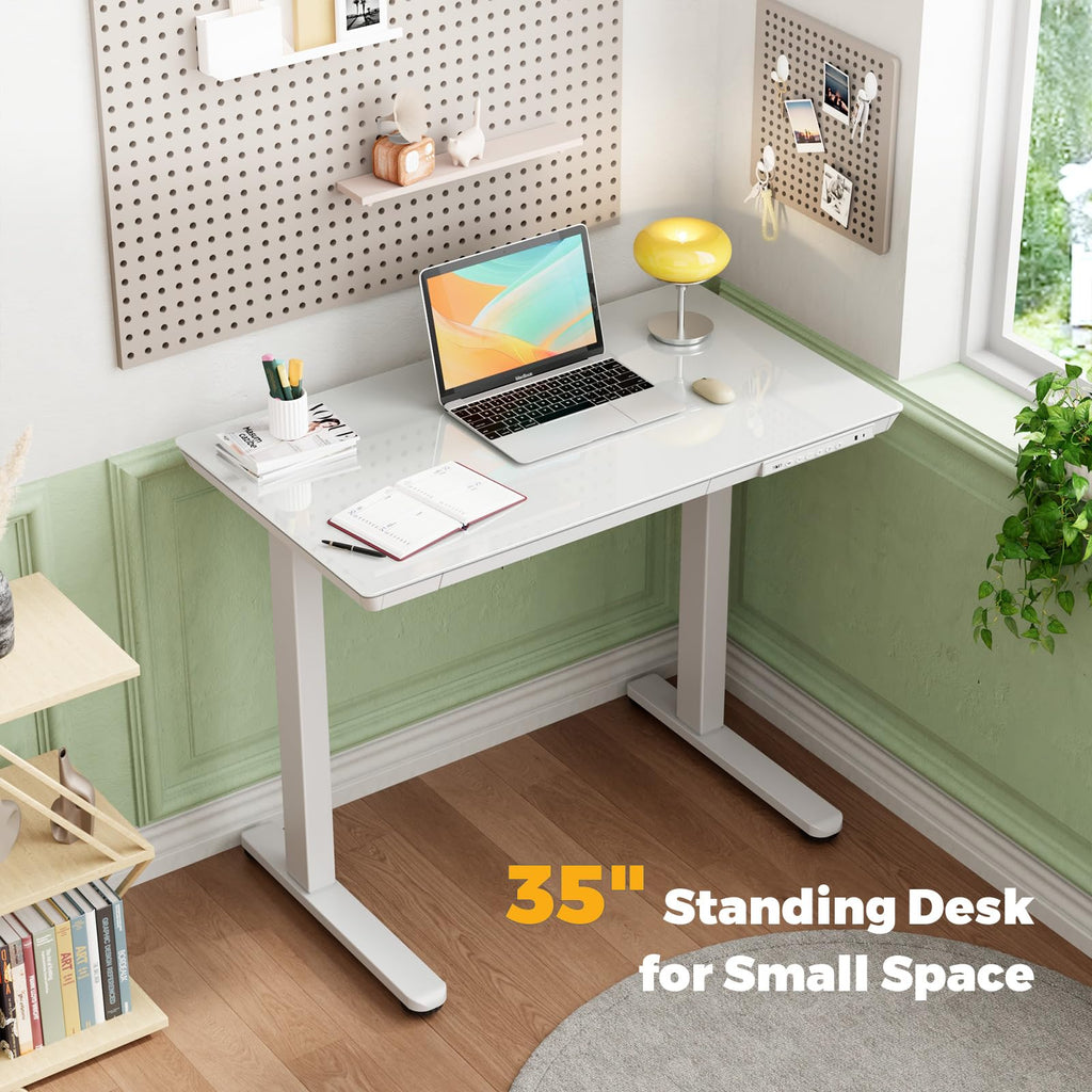 Glass Electric Standing Desk with Drawer, 35" x 20" Whole Piece Tabletop Samll Sit Stand Table, Height Adjustable Workstation with Storage & USB Ports, Quick Install Home Office Desk
