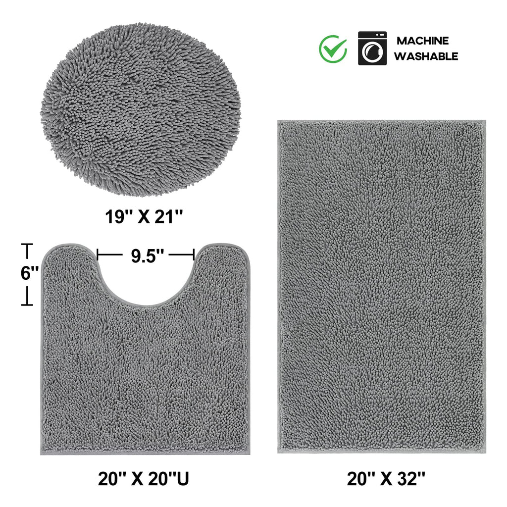 TREETONE Chenille Bath Mat 3 Pieces Bathroom Rugs Set, 20x20 Inches U-Shape Contoured Toilet Mat & 20x32 Inches Rug & Lid Cover,Water Absorbent Plush Rugs for Tub Shower & Bath Room -Beige