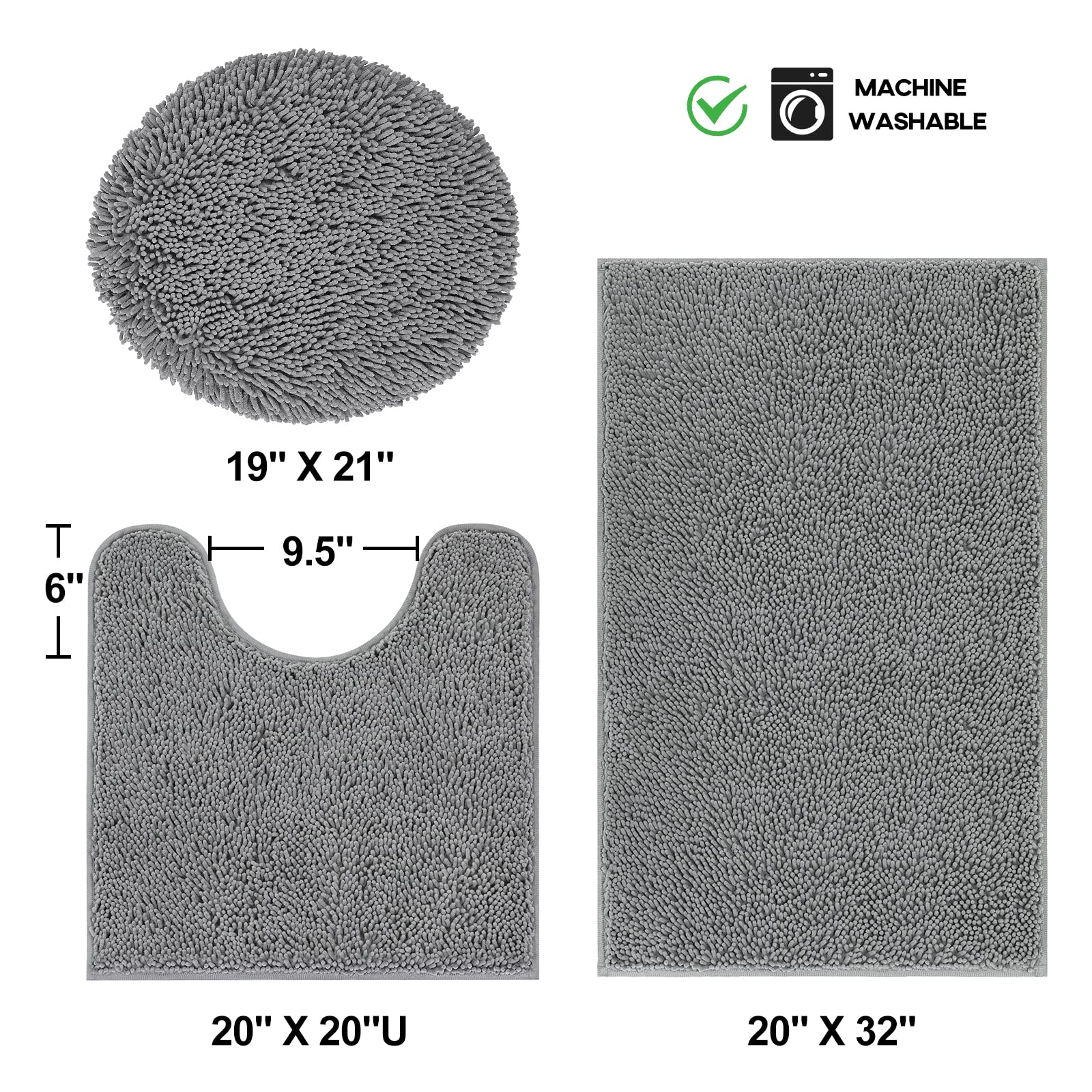 TREETONE Chenille Bath Mat 3 Pieces Bathroom Rugs Set, 20x20 Inches U-Shape Contoured Toilet Mat & 20x32 Inches Rug & Lid Cover,Water Absorbent Plush Rugs for Tub Shower & Bath Room -Beige