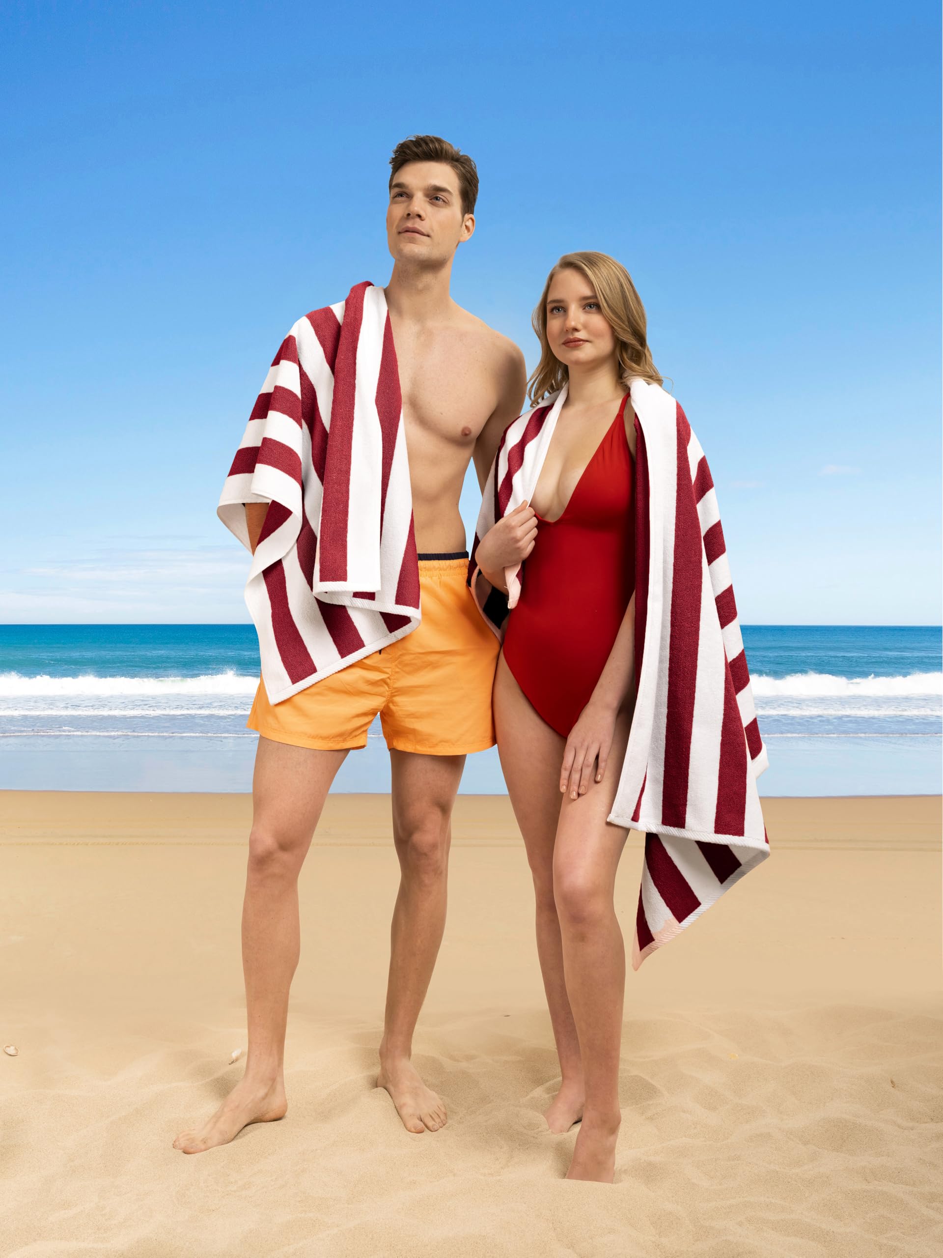 American Soft Linen Cabana Striped Beach Towels, 30x60 inch 4 Piece Oversize Pool Towels, Quick Drying Sand Free Swim Towels, Beige