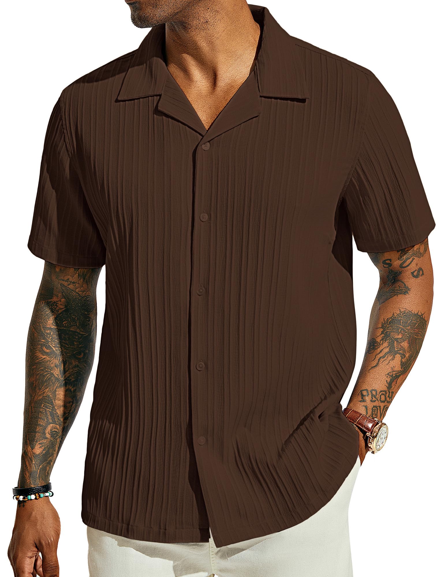 PJ PAUL JONES Men's Casual Button Down Shirts - Short Sleeve Summer Textured Beach Wrinkle-Free Shirts