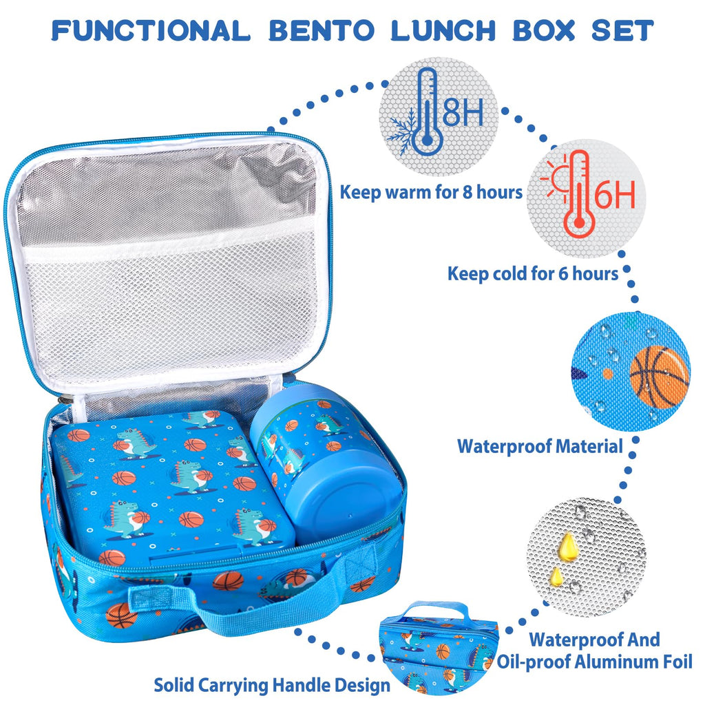 Bento Lunch Box Set for Kids with 10oz Soup Thermo, Leak-Proof Lunch Containers with 4 Compartment, Kids Thermo Hot Food Jar and Insulated Lunch Bag for Kid to School,BPA-Free(Basketball)