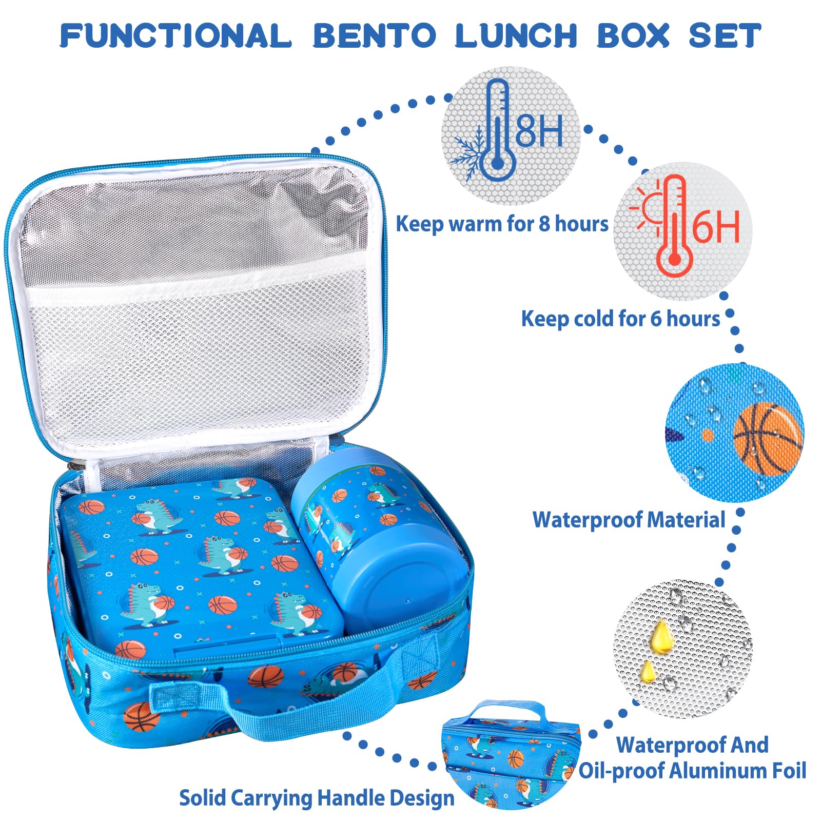 Bento Lunch Box Set for Kids with 10oz Soup Thermo, Leak-Proof Lunch Containers with 4 Compartment, Kids Thermo Hot Food Jar and Insulated Lunch Bag for Kid to School,BPA-Free(Basketball)