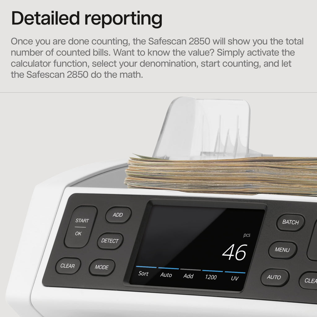 Safescan 2210 Money Counter Machine with Counterfeit Detection, Add/Batch Modes, LCD-Display, High-Speed Counts 1,000 bills per minute, 2 Point Counterfeit Check - Sorted Counter for All Currencies