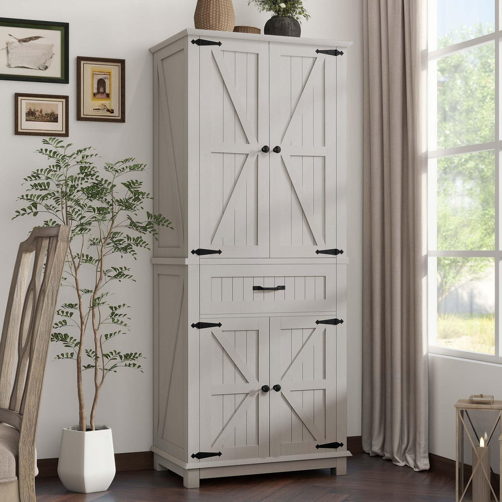 DWVO Farmhouse Kitchen Pantry Cabinet, 64.5" Tall Storage Cabinet with 2 Drawers and Adjustable Shelves, Versatile Storage for Living Room, Dining Room or Hallway, Oak Black