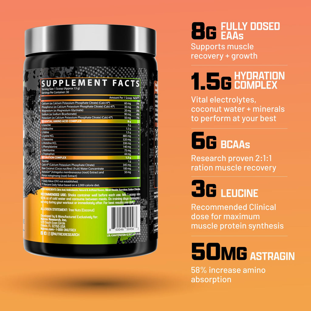 Nutrex Research EAA Hydration | EAAs + BCAAs Powder | Muscle Recovery, Strength, Muscle Building, Endurance | 8G Essential Amino Acids + Electrolytes | Apple Pear 30 Servings