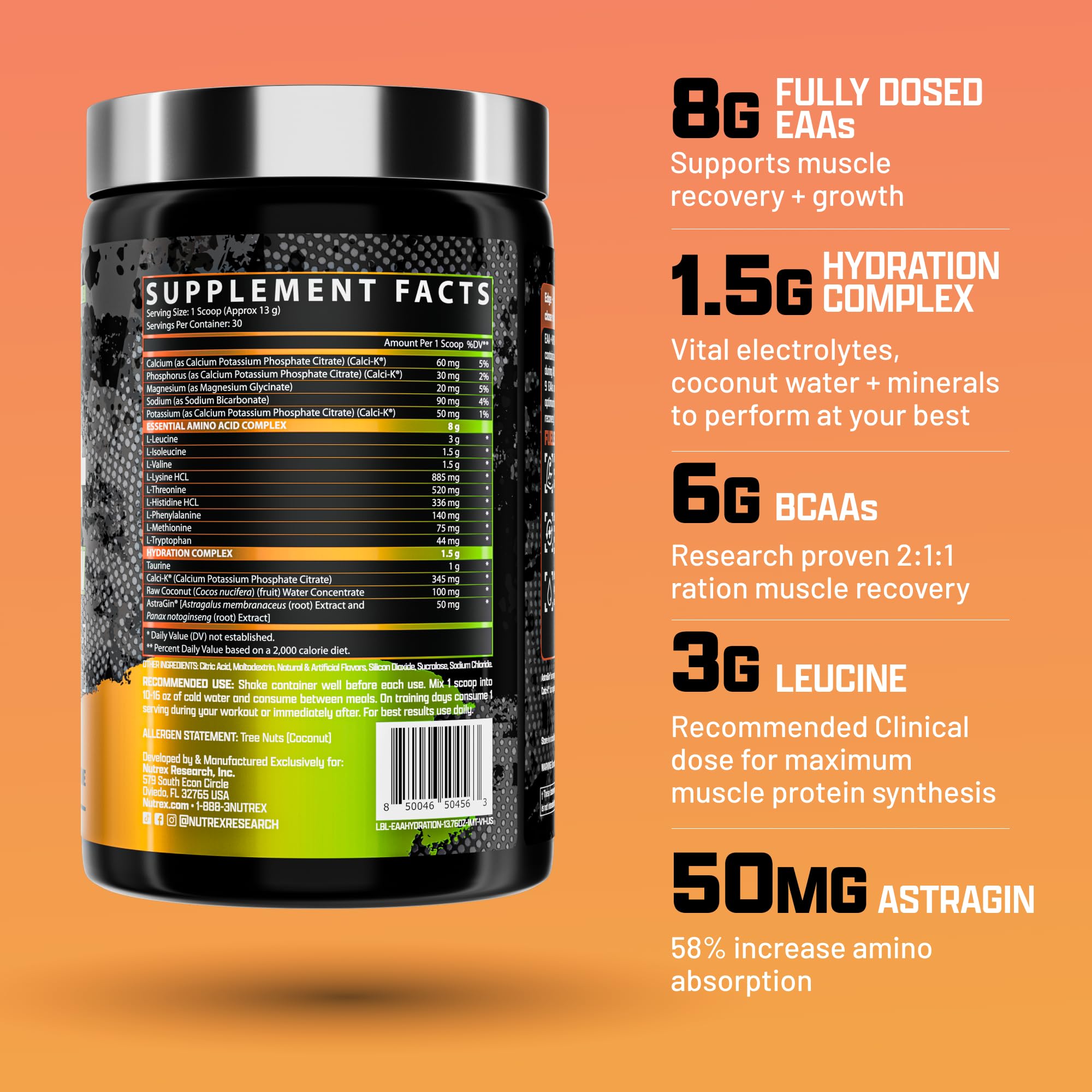 Nutrex Research EAA Hydration | EAAs + BCAAs Powder | Muscle Recovery, Strength, Muscle Building, Endurance | 8G Essential Amino Acids + Electrolytes | Apple Pear 30 Servings