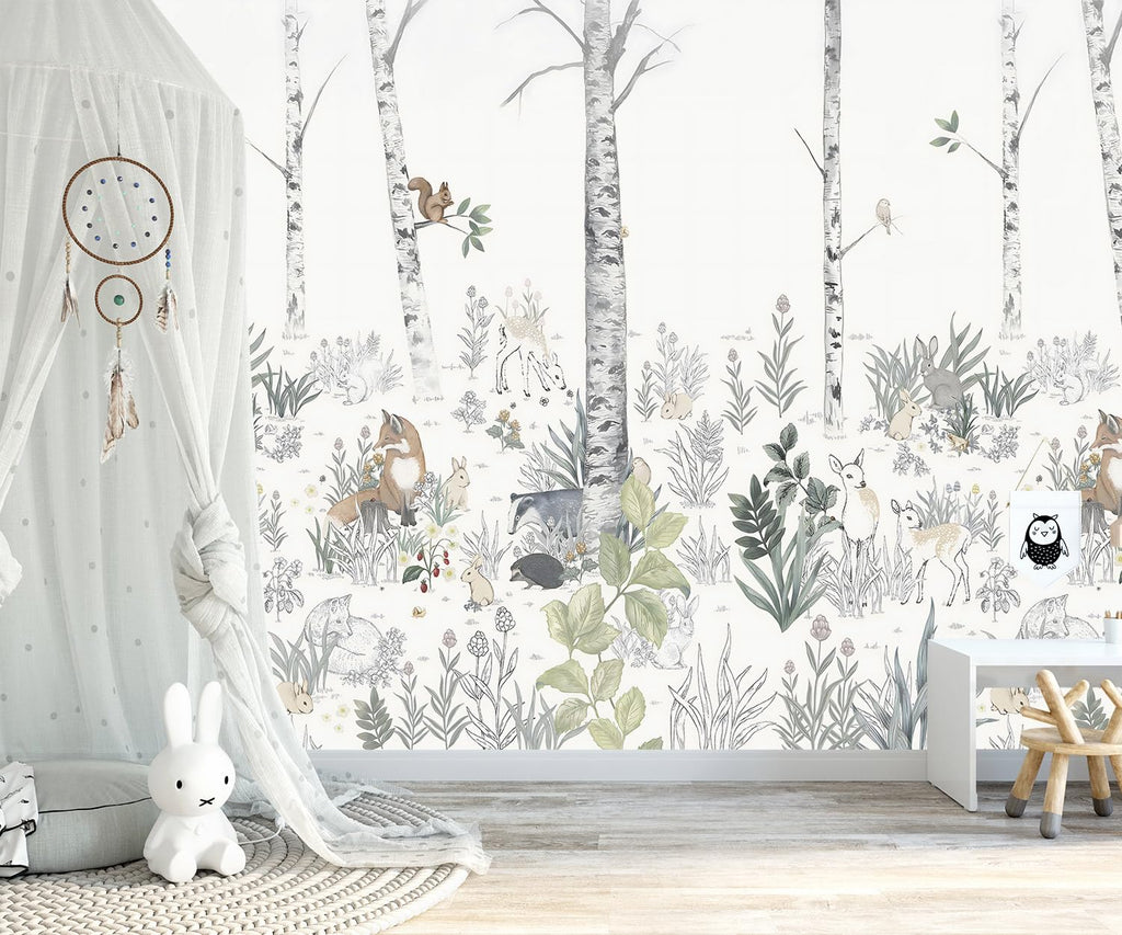 YQWDMX -Nursery Cartoon Woods Hand-Painted Animal Wallpaper Children's Room XT10 S 100" x 65"
