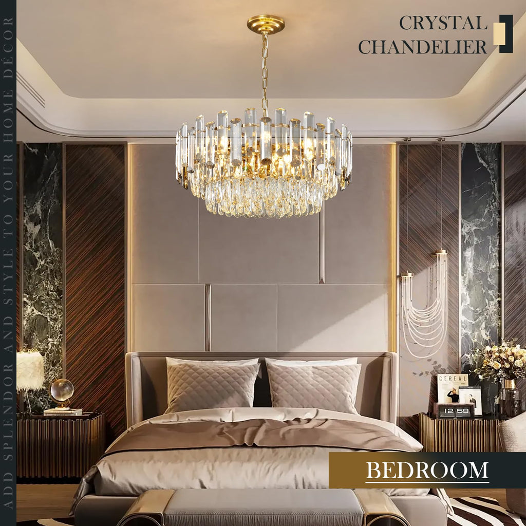 23.6" Modern Crystal Chandelier with Grey Crystal Gold 3-Tier Luxury Pendant Light 12-Light Ceiling Pendant Lighting for Dinning Room Living Room Foyer