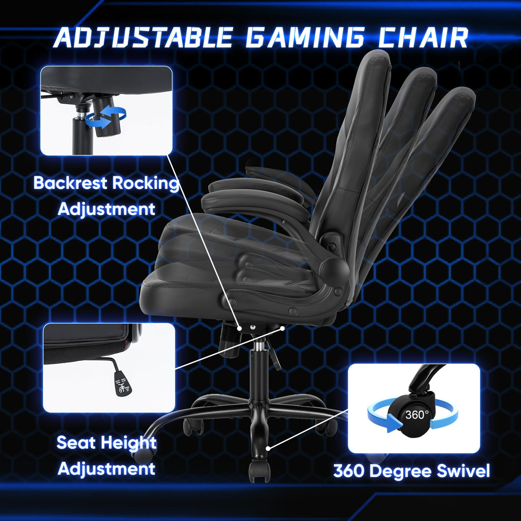 OLIXIS Computer Gaming Desk Chair - Ergonomic Video Game with Comfy Lumbar Support and headrest, PU Leather with Flip-up Arms, Adjustable Height and Swivel Wheels, for Adults, Black