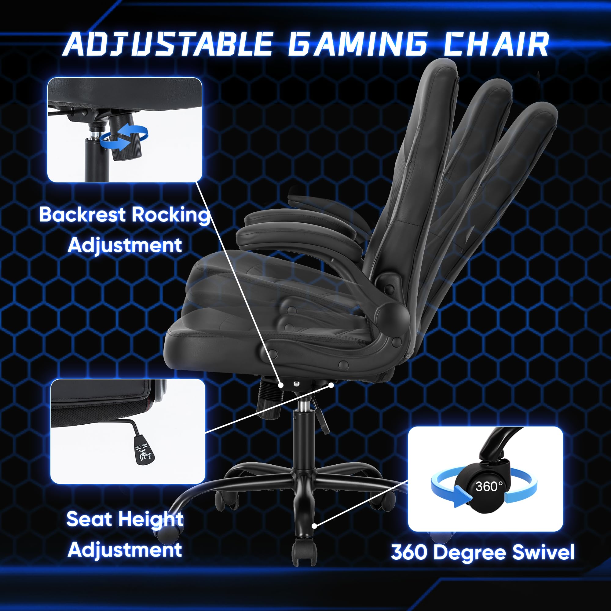 OLIXIS Computer Gaming Desk Chair - Ergonomic Video Game with Comfy Lumbar Support and headrest, PU Leather with Flip-up Arms, Adjustable Height and Swivel Wheels, for Adults, Black
