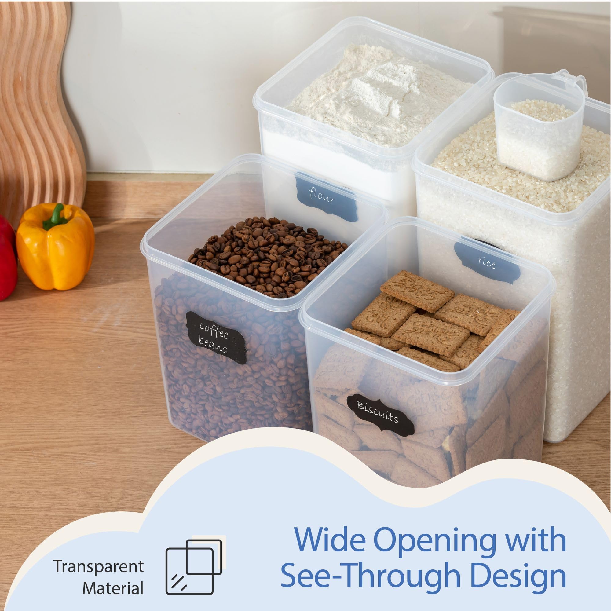 Chef's Path Kitchen Storage Box Set of 4 Extra Large Airtight Food Storage Jars for Sugar Flour Cereal Rice - Measuring Spoons, Pen and Food Preservation Labels (5.2 L)