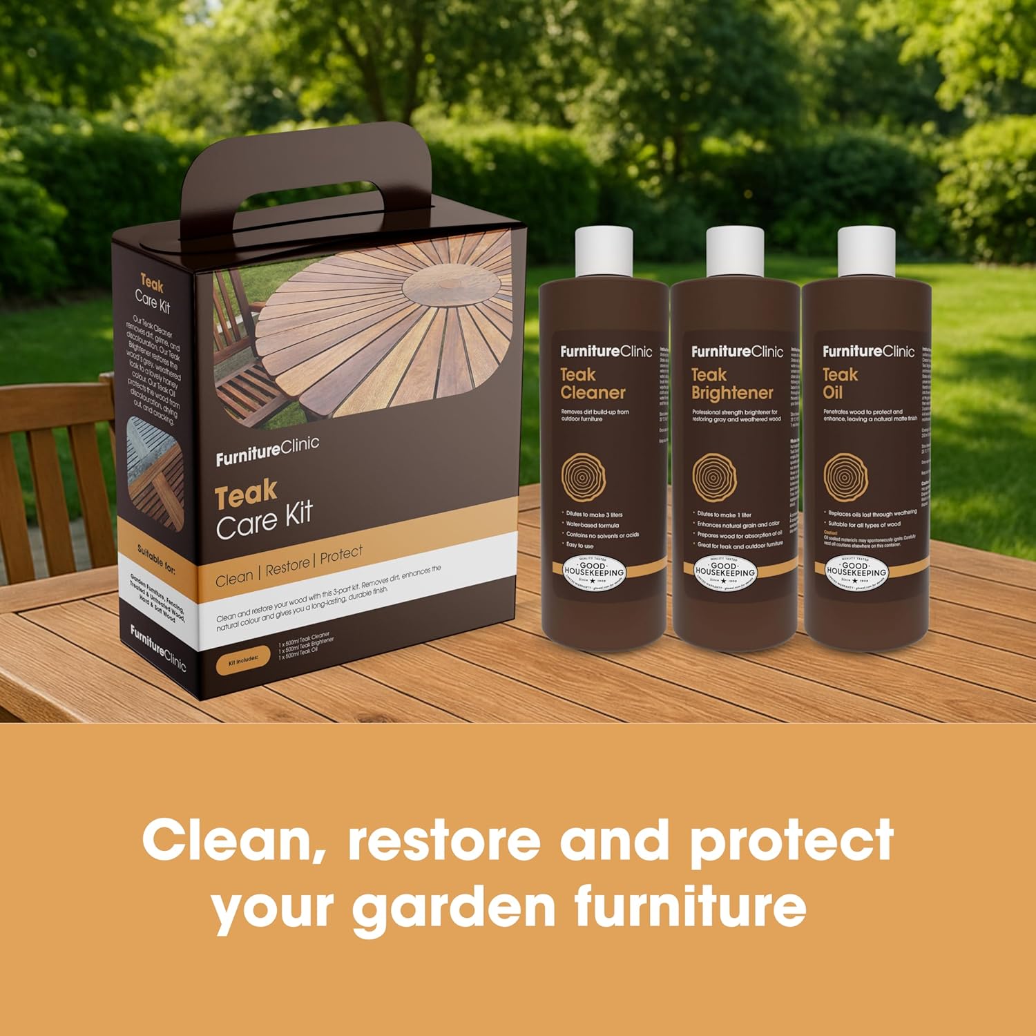 Furniture Clinic Teak Care Kit | For Teak Outdoor Wood Patio Furniture | Clean, Brighten, Nourish, and Protect Treated and Untreated Wood | Contains Cleaner, Brightener, & Oil