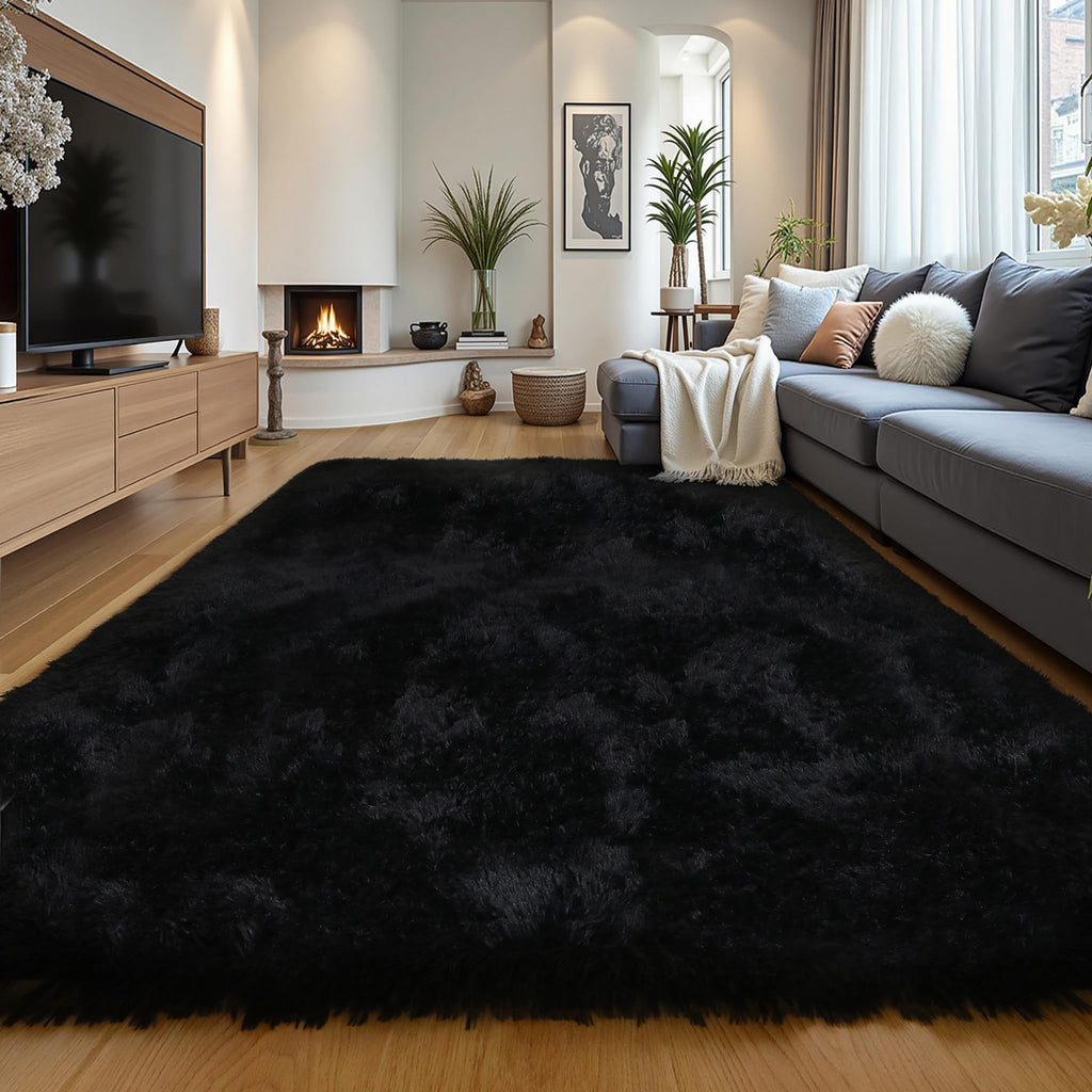 KICHOWUA Thick Area Rug Black Fluffy Shag 3x5 for Bedroom, Ultra Soft Thickened Plush Washable Carpet, Non-Slip Cozy Shaggy Fuzzy Rug for Living Room Nursery Dorm Playroom Kids Baby Room