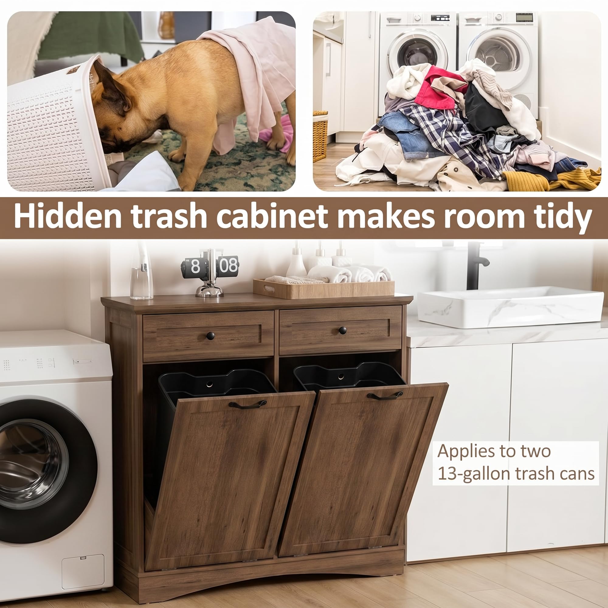 AHB Double Tilt Out Trash Can Cabinet Freestanding Kitchen Trash Can, 2x13 Gallons Hidden Garbage Recycling Cabinet with Hideaway Drawers Pet Proof Trash Can Holder for Kitchen, Antique White