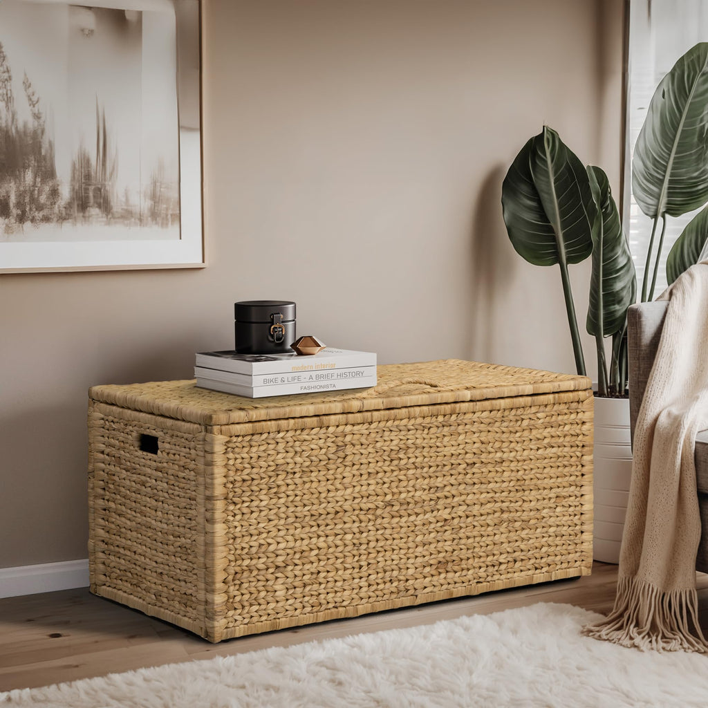 eHemco Heavy-duty Water Hyacinth Wicker Storage Trunk with Metal Frame, 30 by 17.5 by 17.5 Inches, Brown Wash