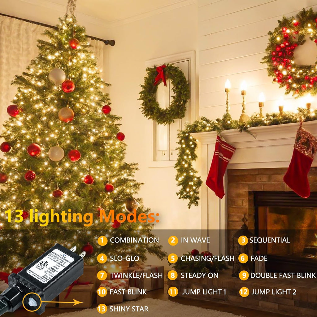 Connectable 100 LED String Lights Indoor Outdoor, 33FT Warm White Christmas Lights Waterproof, 13 Modes with Timer, Twinkle Fairy Lights Plug in Clear Wire for Christmas Tree, Bedroom, Classroom Decor