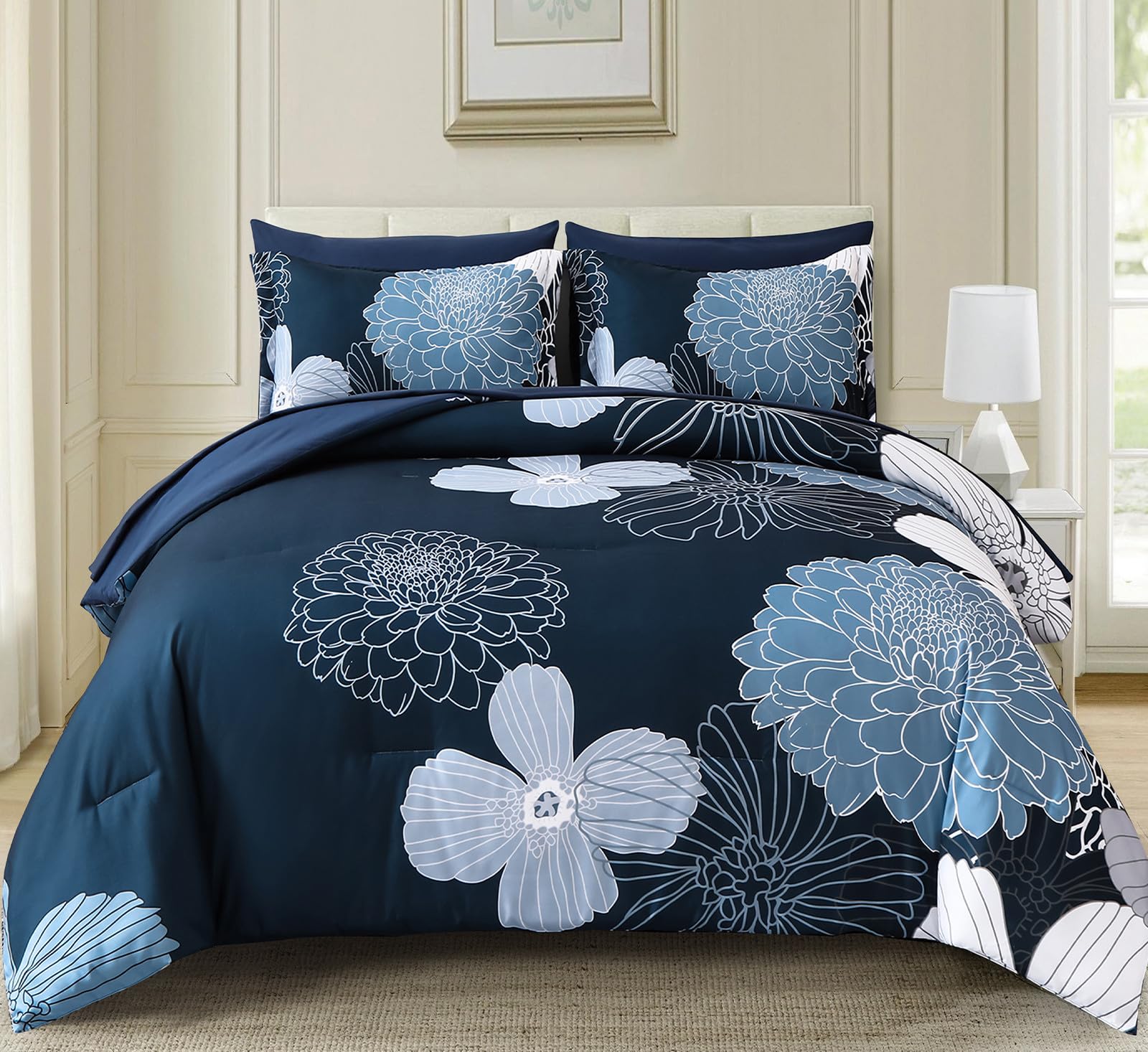 Yiran 7 Pieces Bed in a Bag Blue Floral Comforter Set Queen Size Flowers Comforter Set Soft Microfiber Bedding Set (1 Comforter 1 Flat Sheet 1 Fitted Sheet 2 Pillowshams 2 Pillowcases)