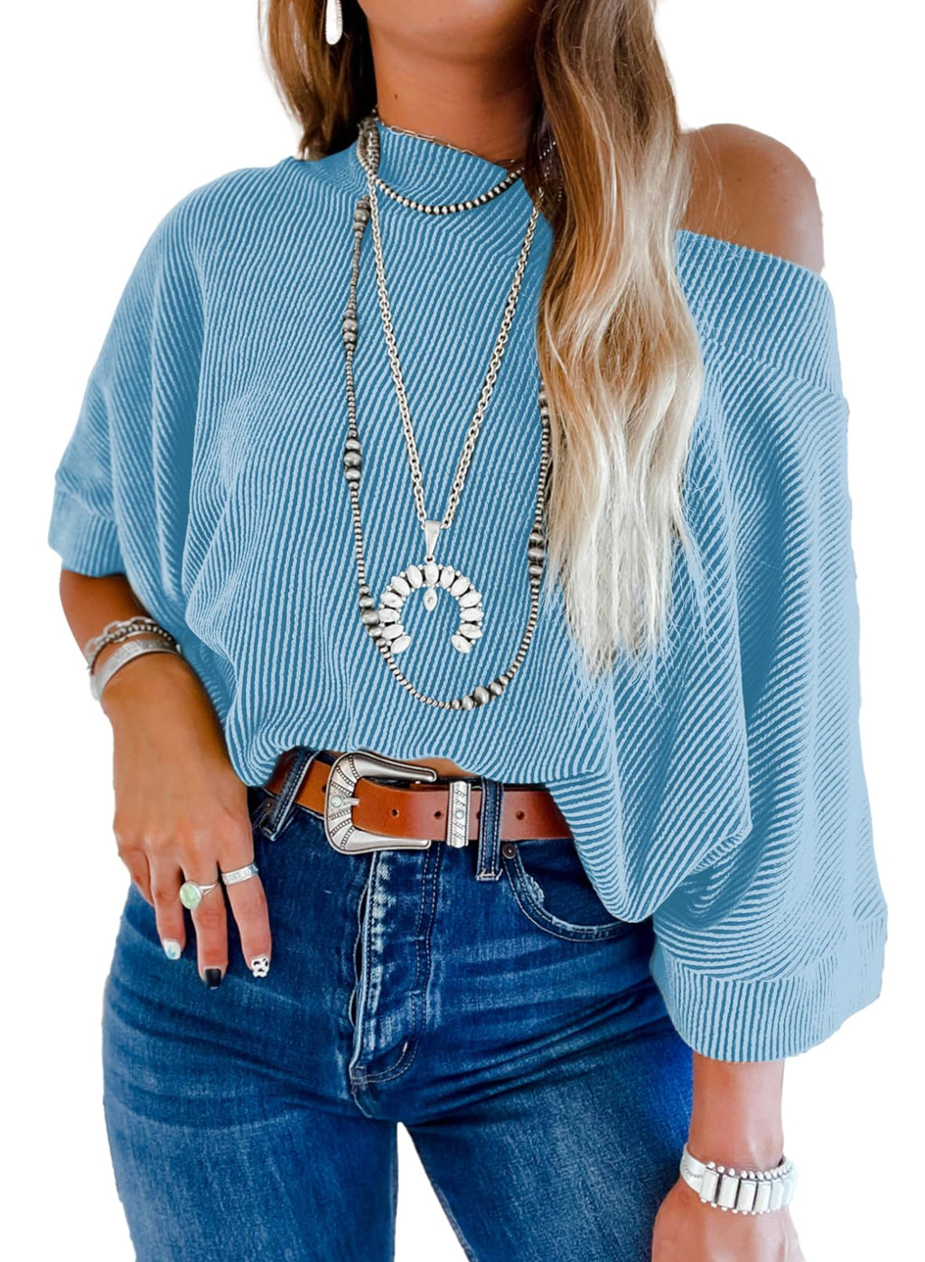 EVALESS Sexy Off The Shoulder Tops for Women 3/4 Length Sleeve Womens Tops Spring Summer 2026 Boat Neck One Shoulder Shirts