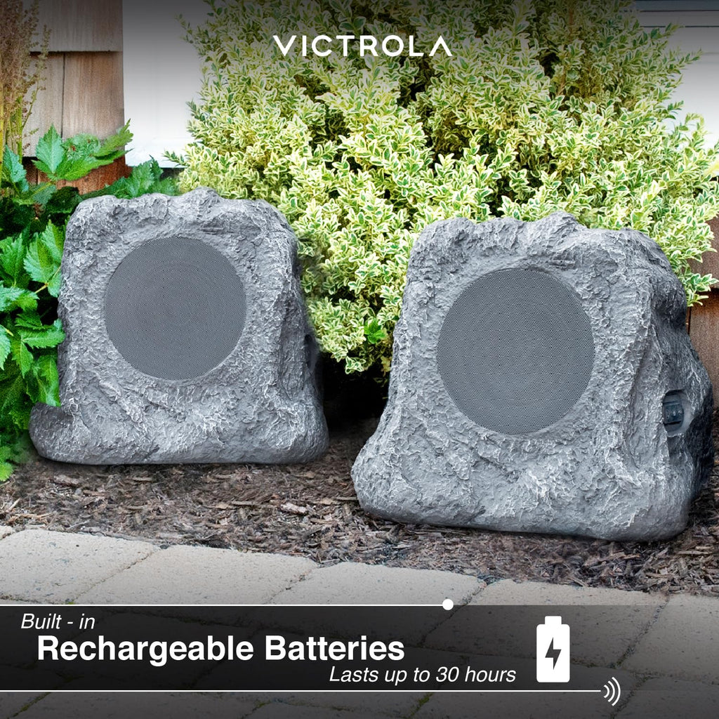 Victrola Outdoor Rock Speaker (Pair) – IPX4 Rechargeable Outdoor Bluetooth Speakers for Garden, Patio, Built for All Seasons, Wireless Music Streaming (Charcoal)