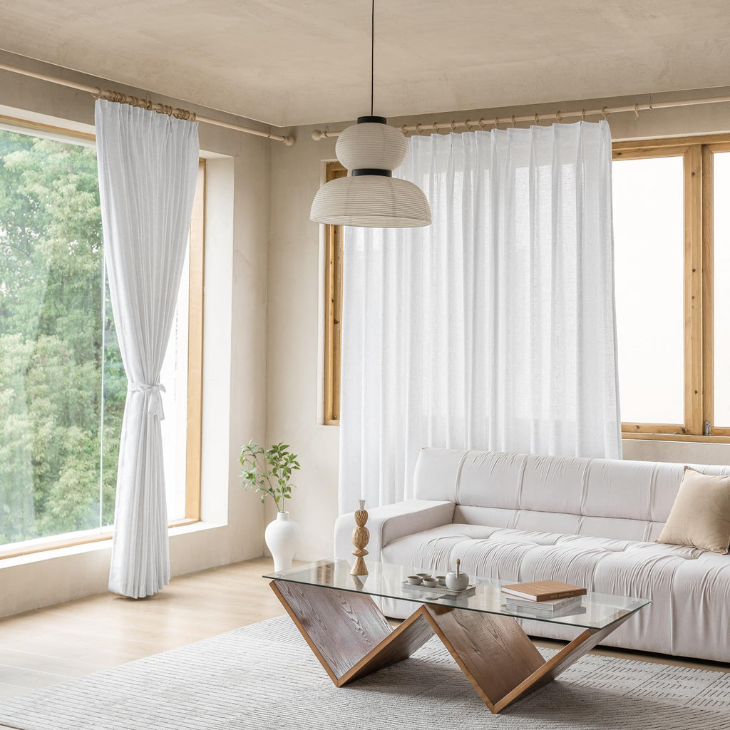 MAIHER Linen Textured Pleated Curtains 63 Inches Long for Living Room, Light Filtering Pinch Pleat Semi Sheer Drapes Curtains with Tieback and Hooks, Natural Linen (1 Panel, 54" W x 63" L)