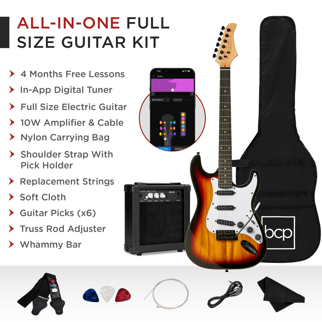 Best Choice Products 39in Full Size Beginner Electric Guitar Starter Kit w/Case, Strap, 10W Amp, Strings, Pick, Tremolo Bar - 3 Color Sunburst
